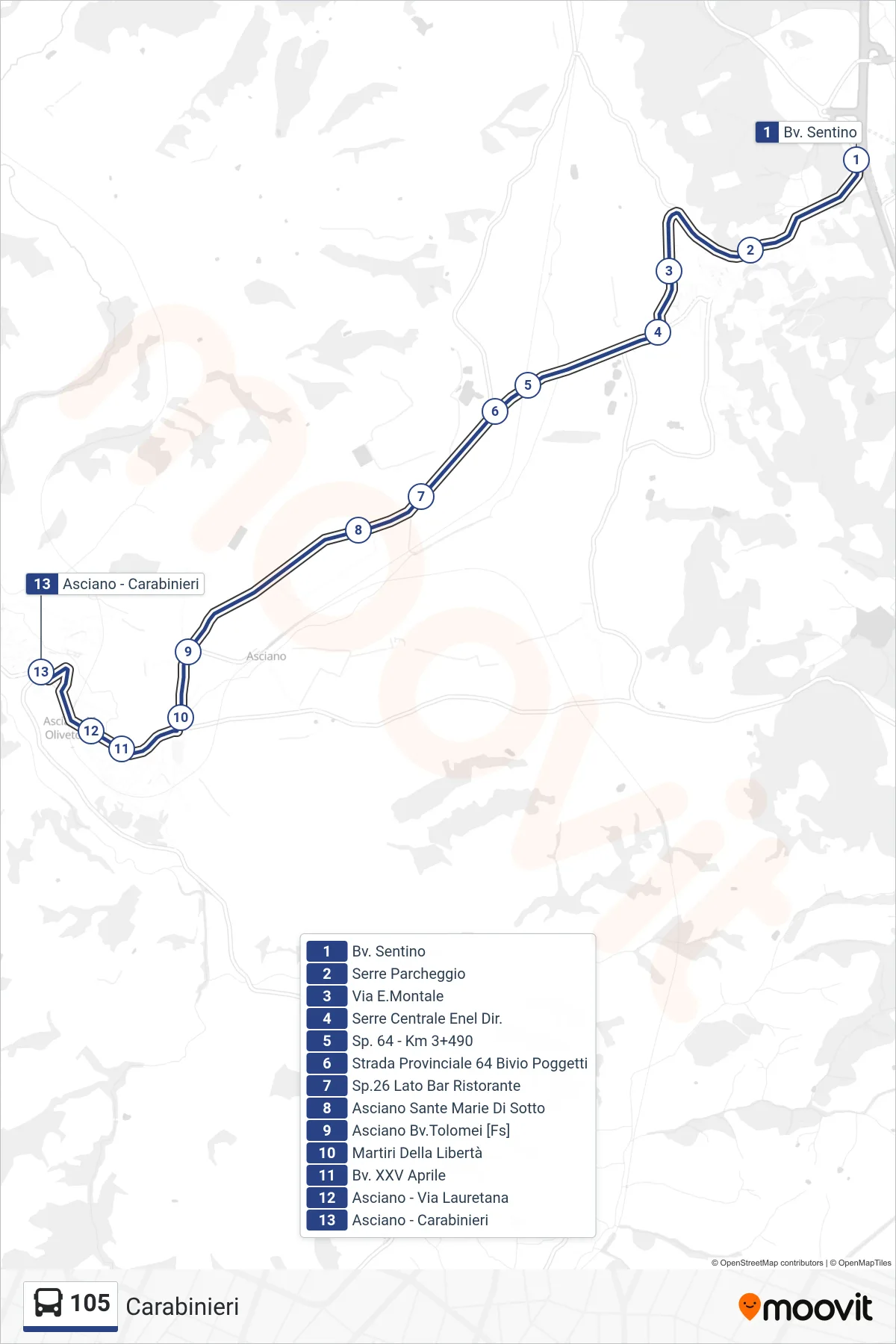 Linea 105 bus (Carabinieri) - Percorsi e fermate sulla mappa