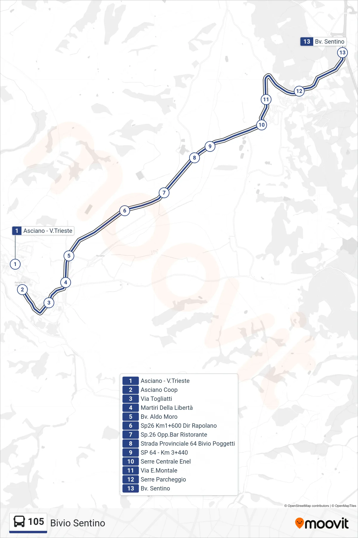 Linea 105 bus (Bivio Sentino) - Percorsi e fermate sulla mappa
