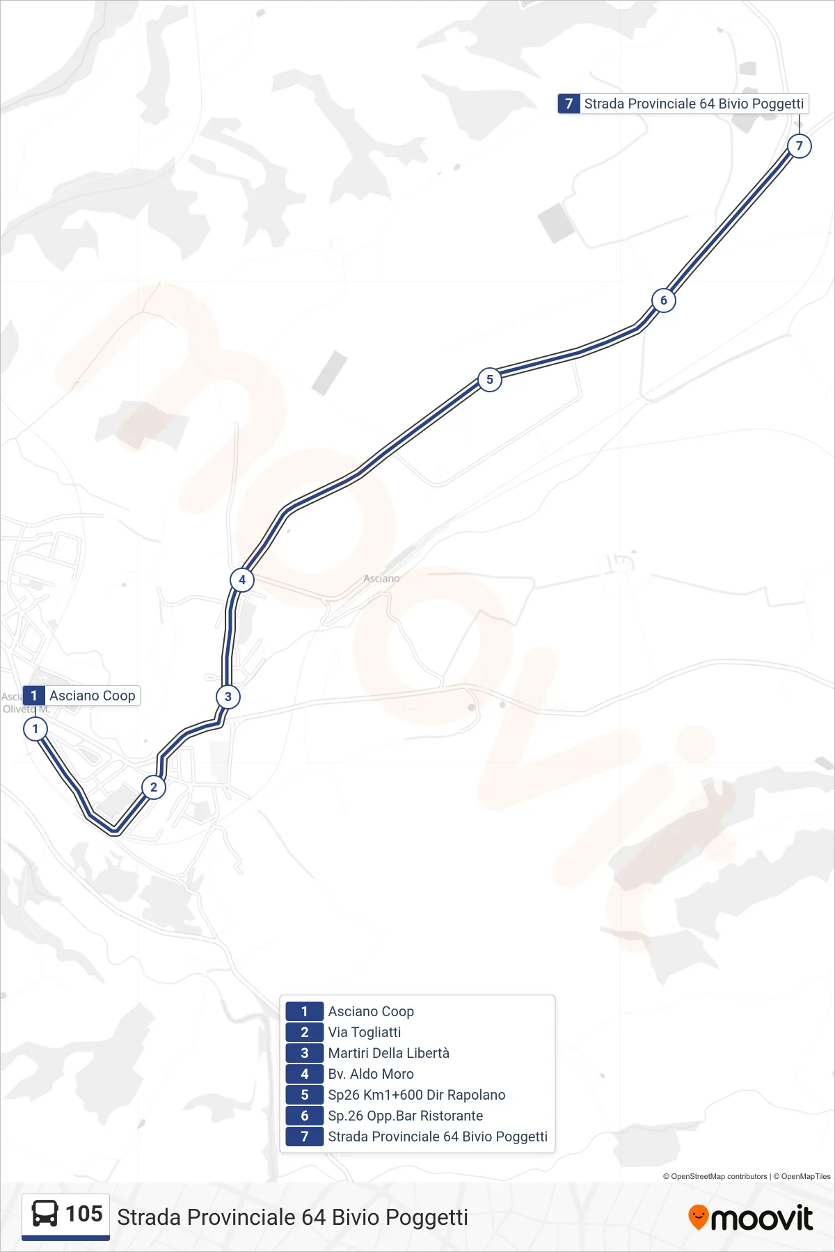 Linea 105 bus (Strada Provinciale 64 Bivio Poggetti) - Percorsi e fermate sulla mappa