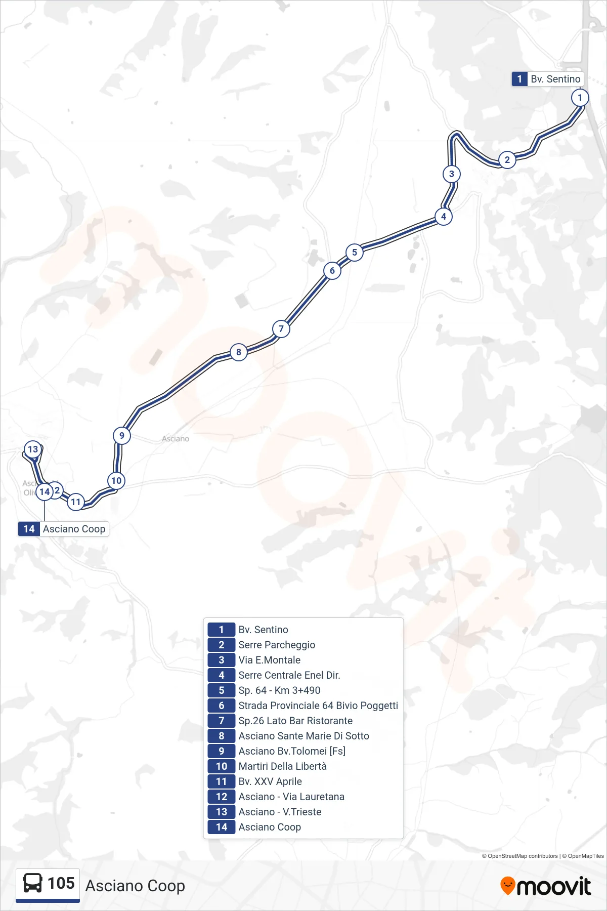 Linea 105 bus (Asciano Coop) - Percorsi e fermate sulla mappa