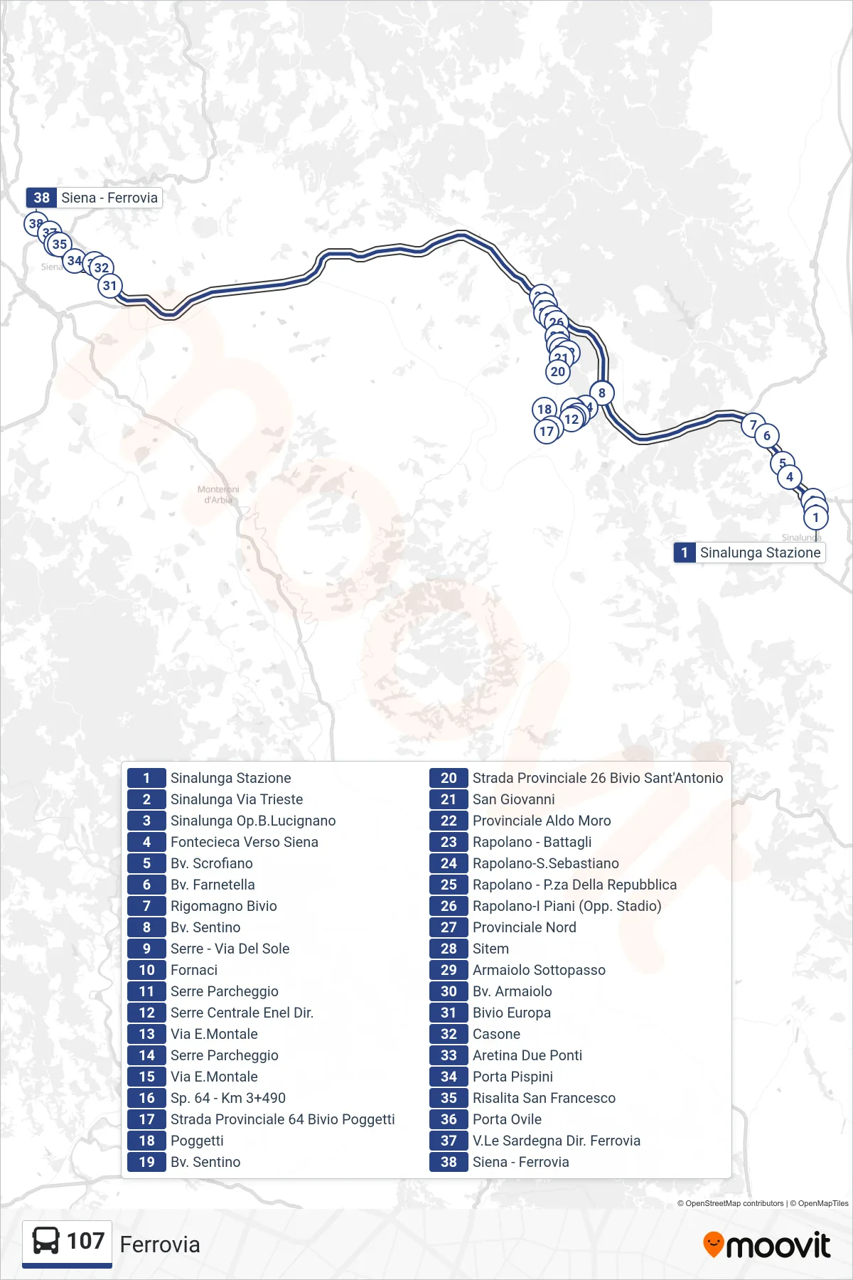 Linea 107 bus (Ferrovia) - Percorsi e fermate sulla mappa