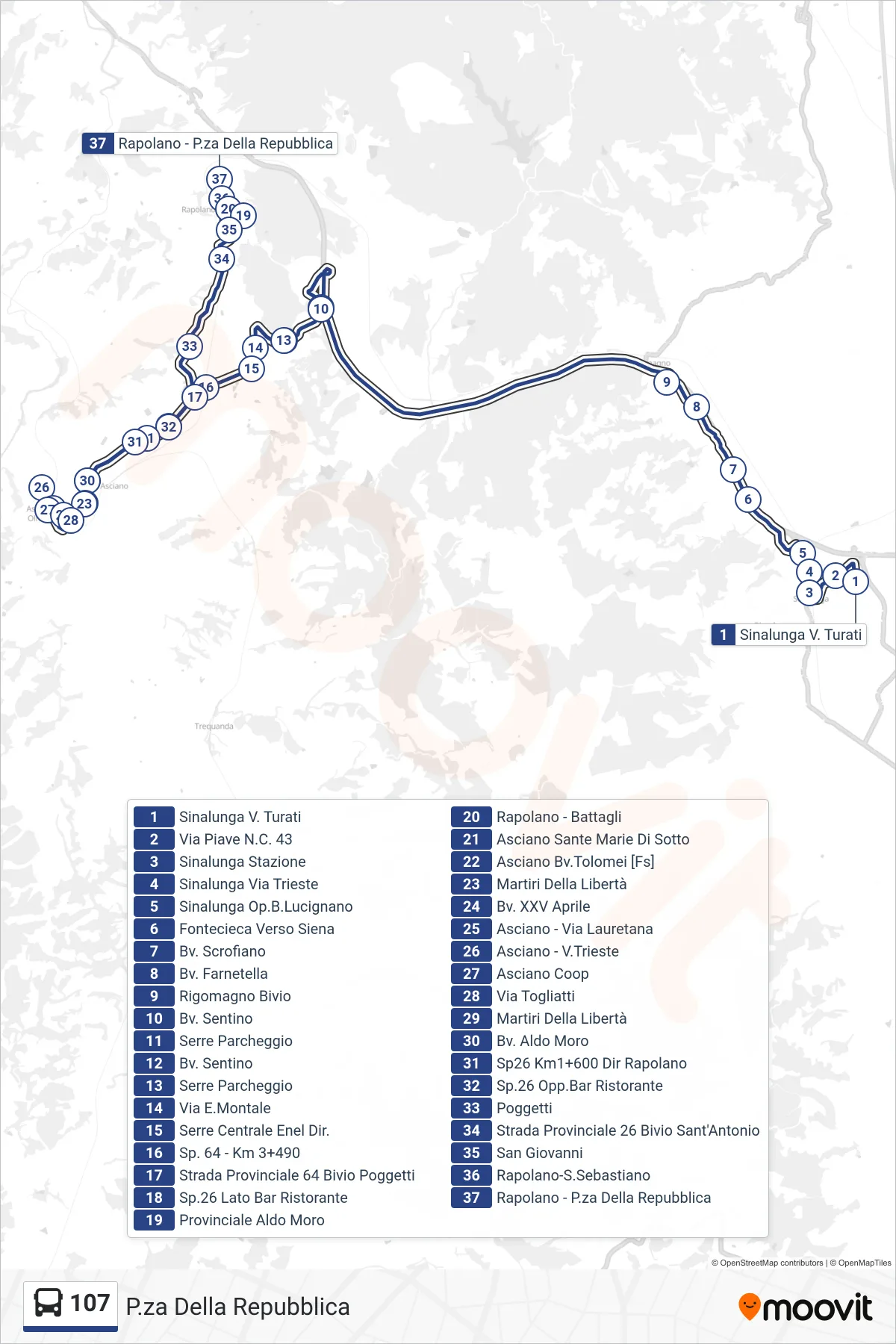 Linea 107 bus (P.za Della Repubblica) - Percorsi e fermate sulla mappa