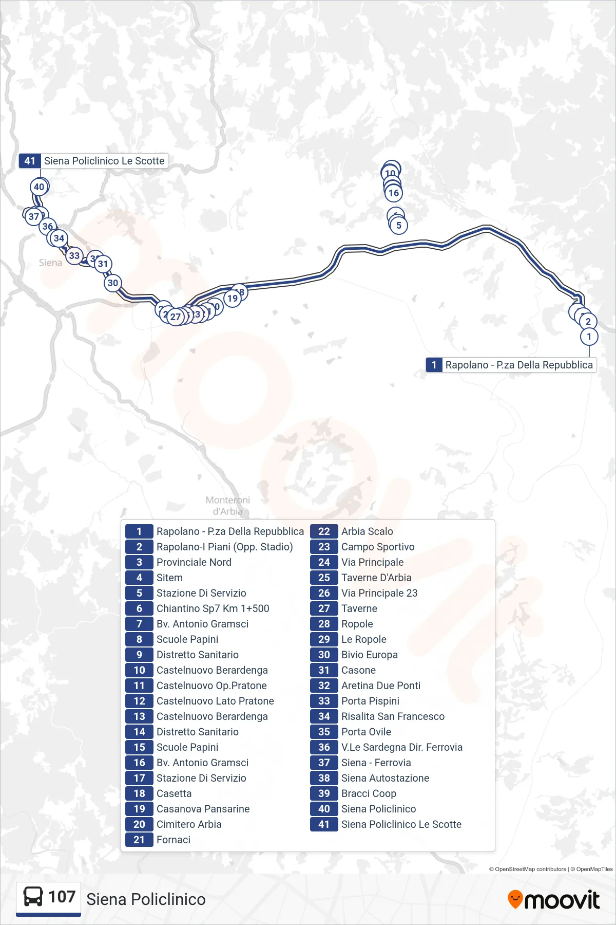 Linea 107  bus (Siena Policlinico) - Percorsi e fermate sulla mappa