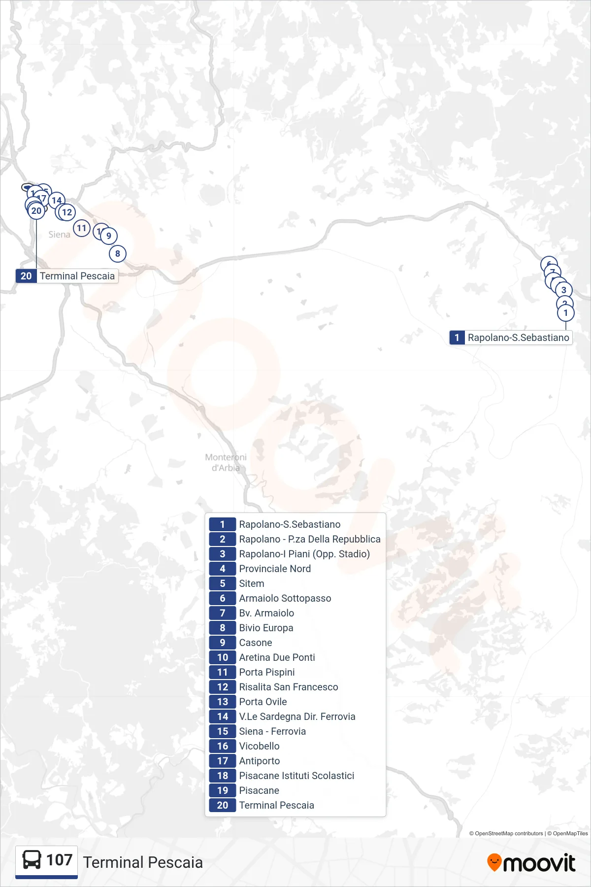 Linea 107 bus (Terminal Pescaia) - Percorsi e fermate sulla mappa