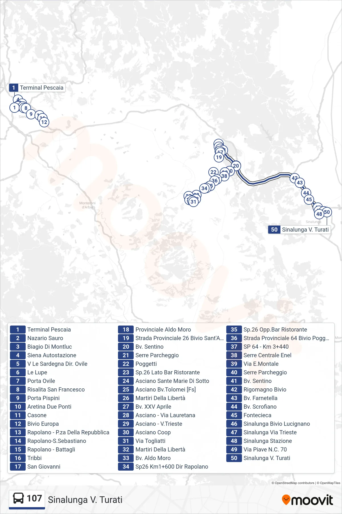 Linea 107 bus (Sinalunga V. Turati) - Percorsi e fermate sulla mappa