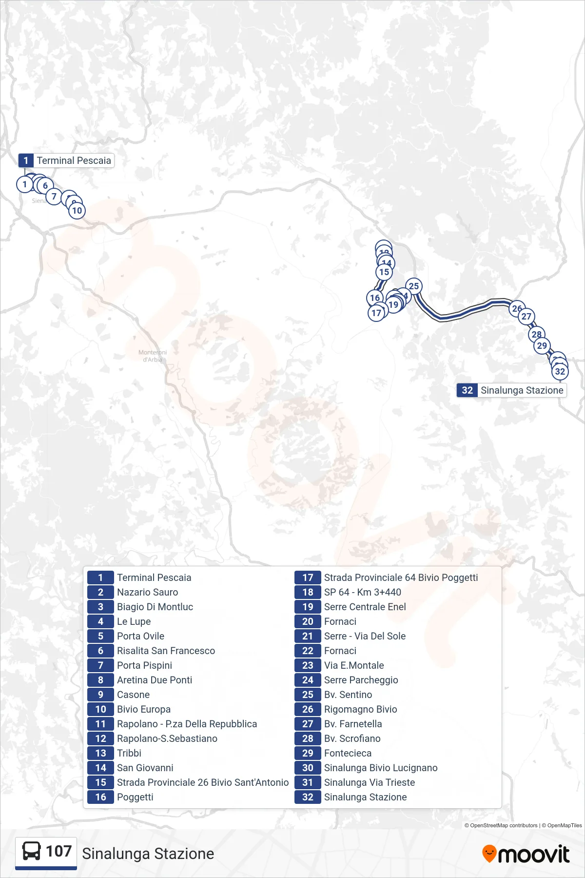 Linea 107 bus (Sinalunga Stazione) - Percorsi e fermate sulla mappa