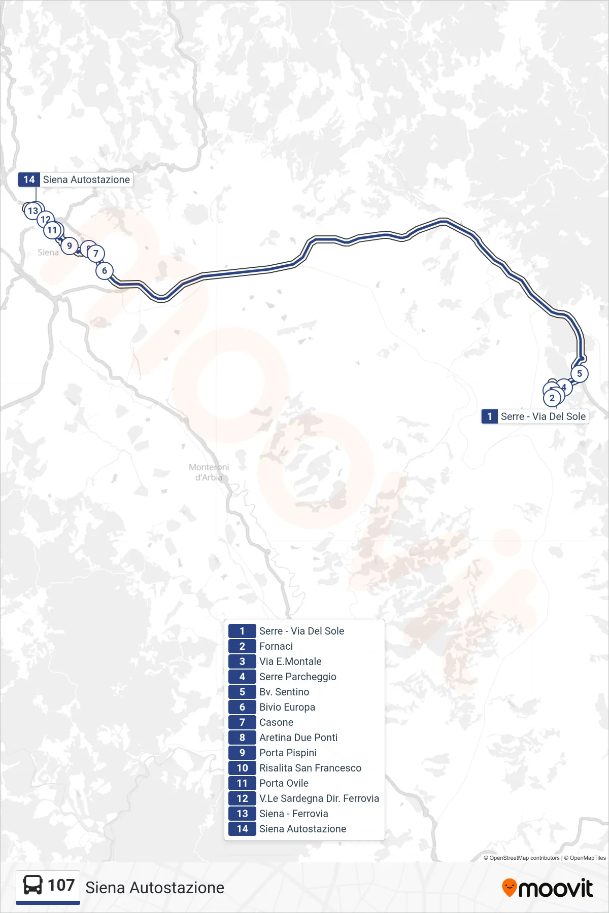 Linea 107 bus (Siena Autostazione) - Percorsi e fermate sulla mappa
