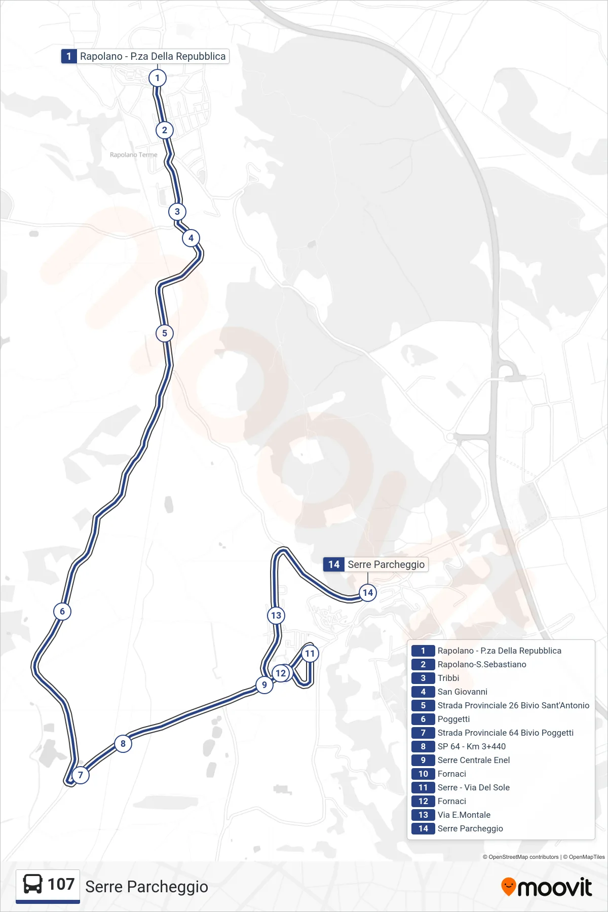 Linea 107 bus (Serre Parcheggio) - Percorsi e fermate sulla mappa