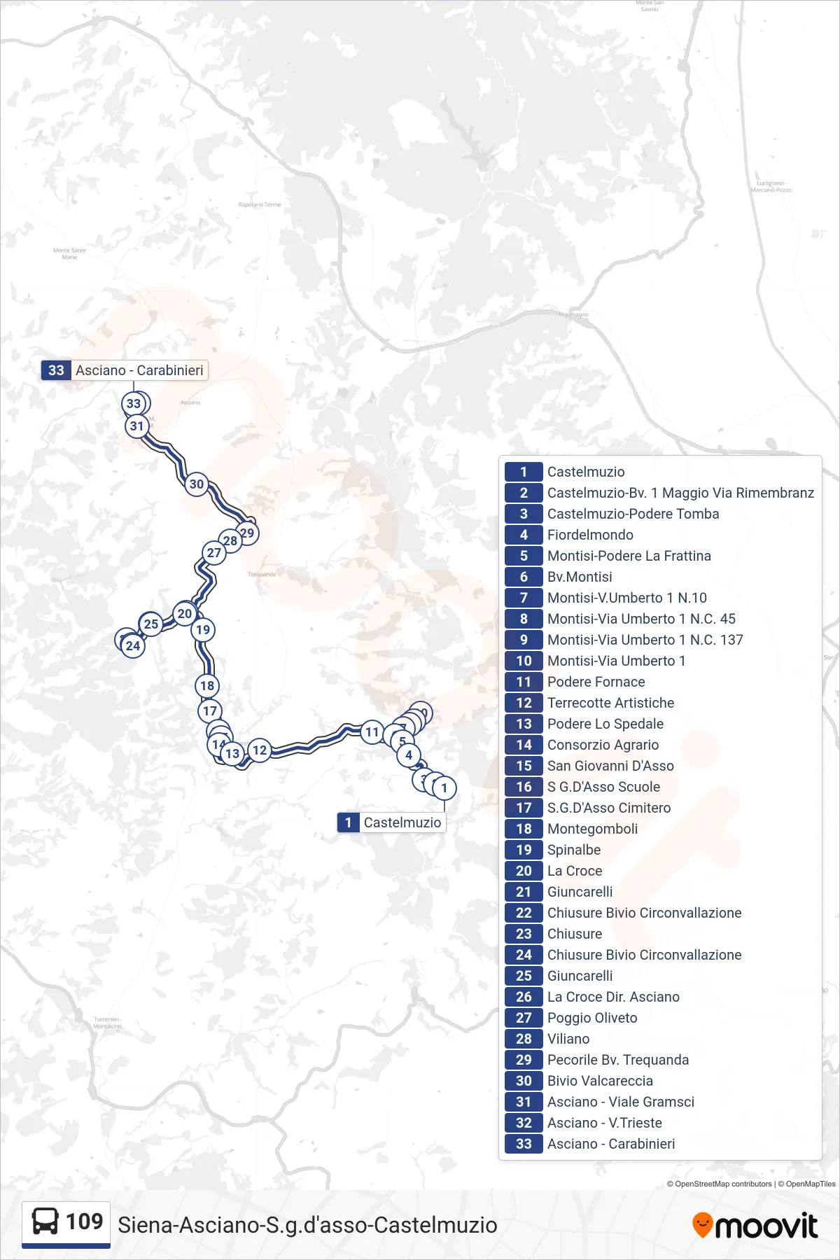 Linea 109 bus (Carabinieri) - Percorsi e fermate sulla mappa