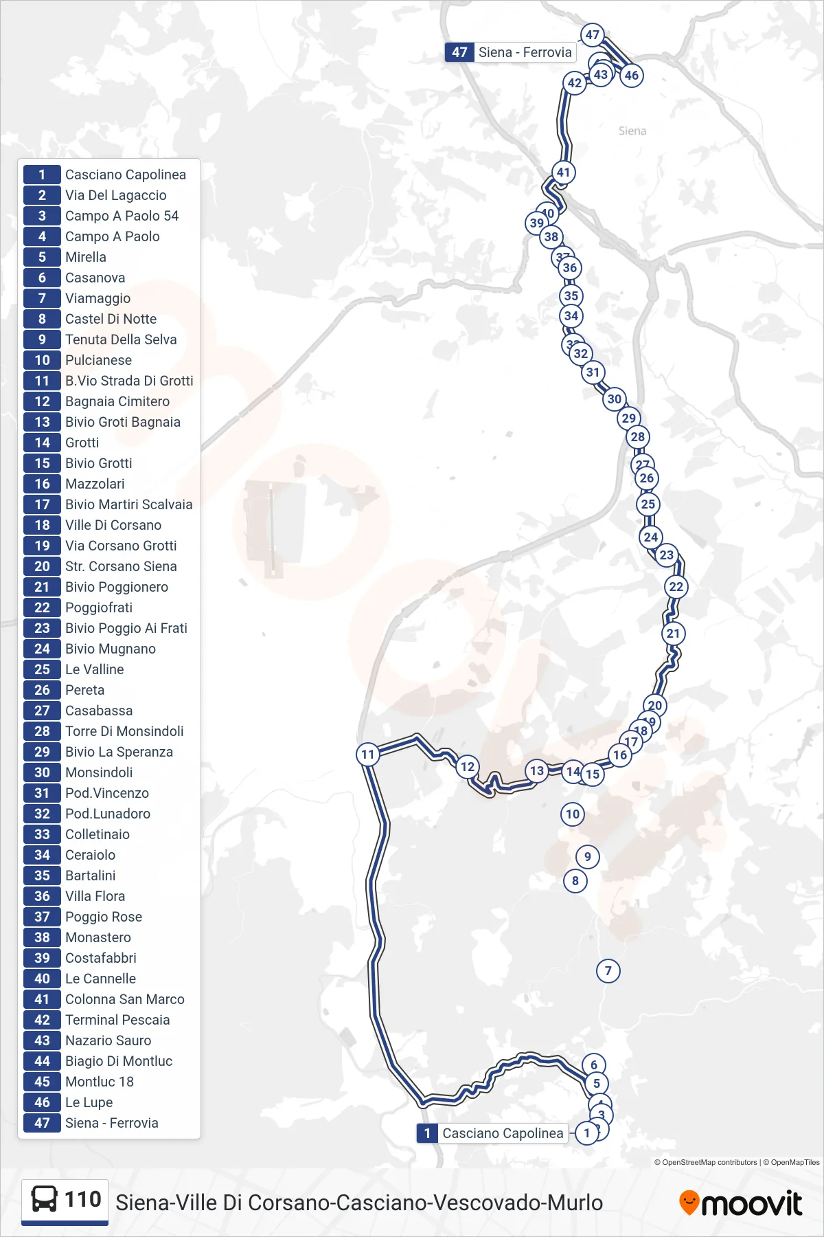 Linea 110  bus (Ferrovia) - Percorsi e fermate sulla mappa