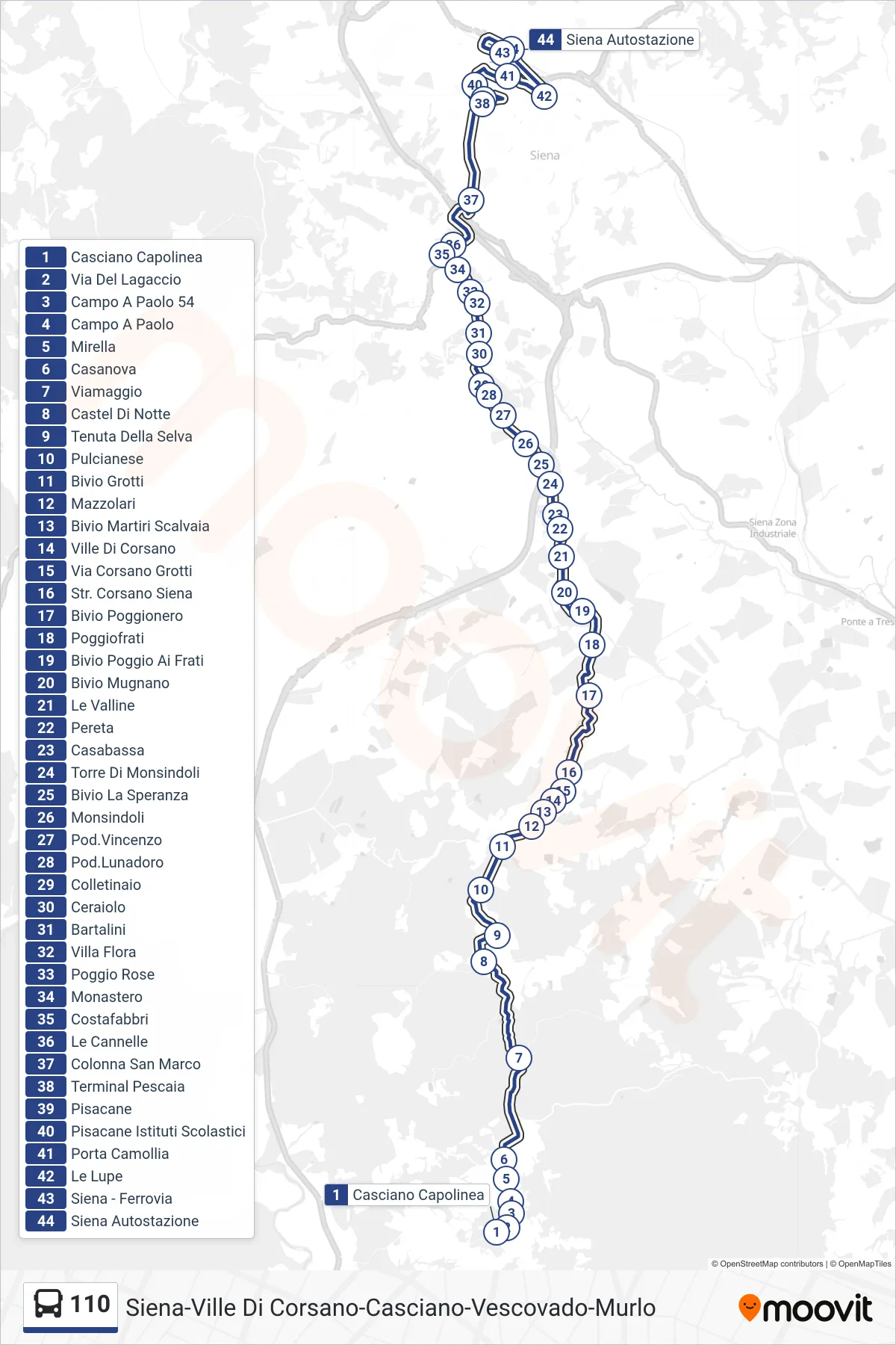 Linea 110  bus (Siena Autostazione) - Percorsi e fermate sulla mappa