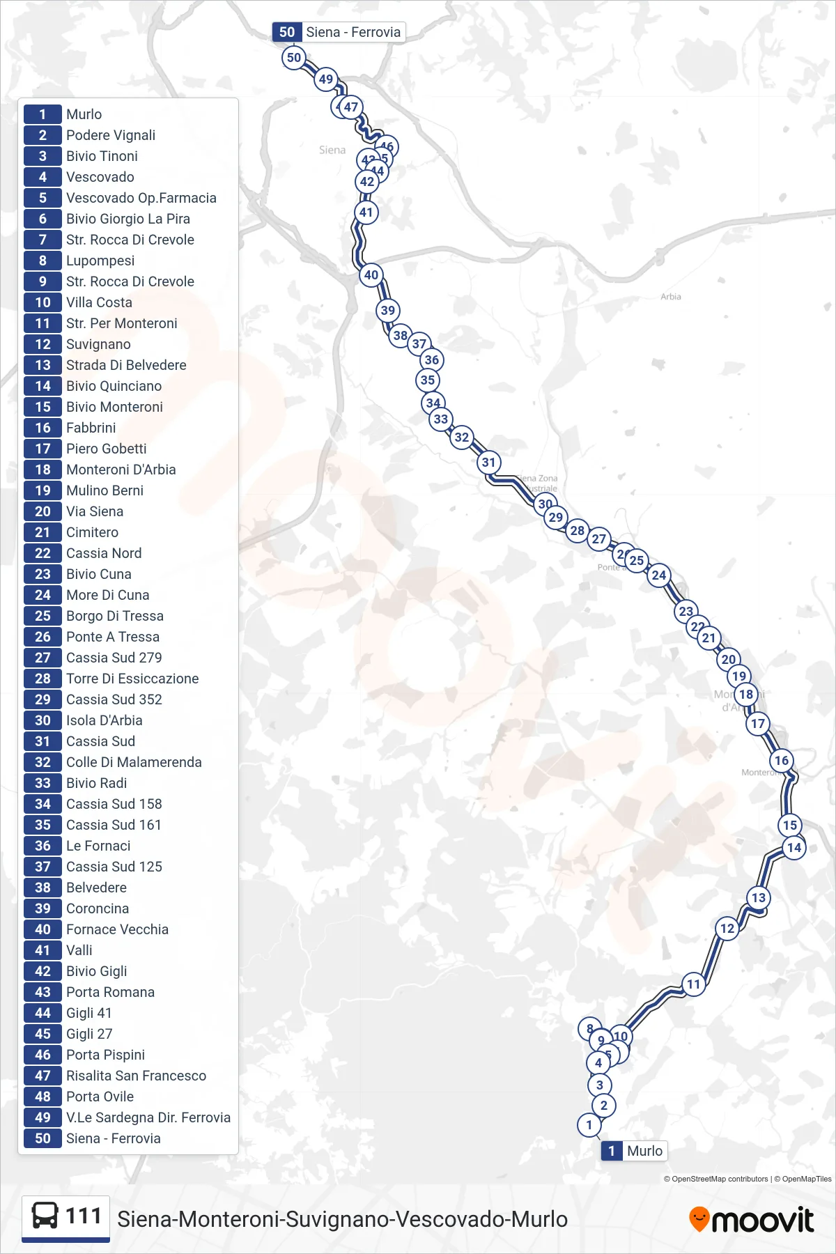Linea 111  bus (Ferrovia) - Percorsi e fermate sulla mappa