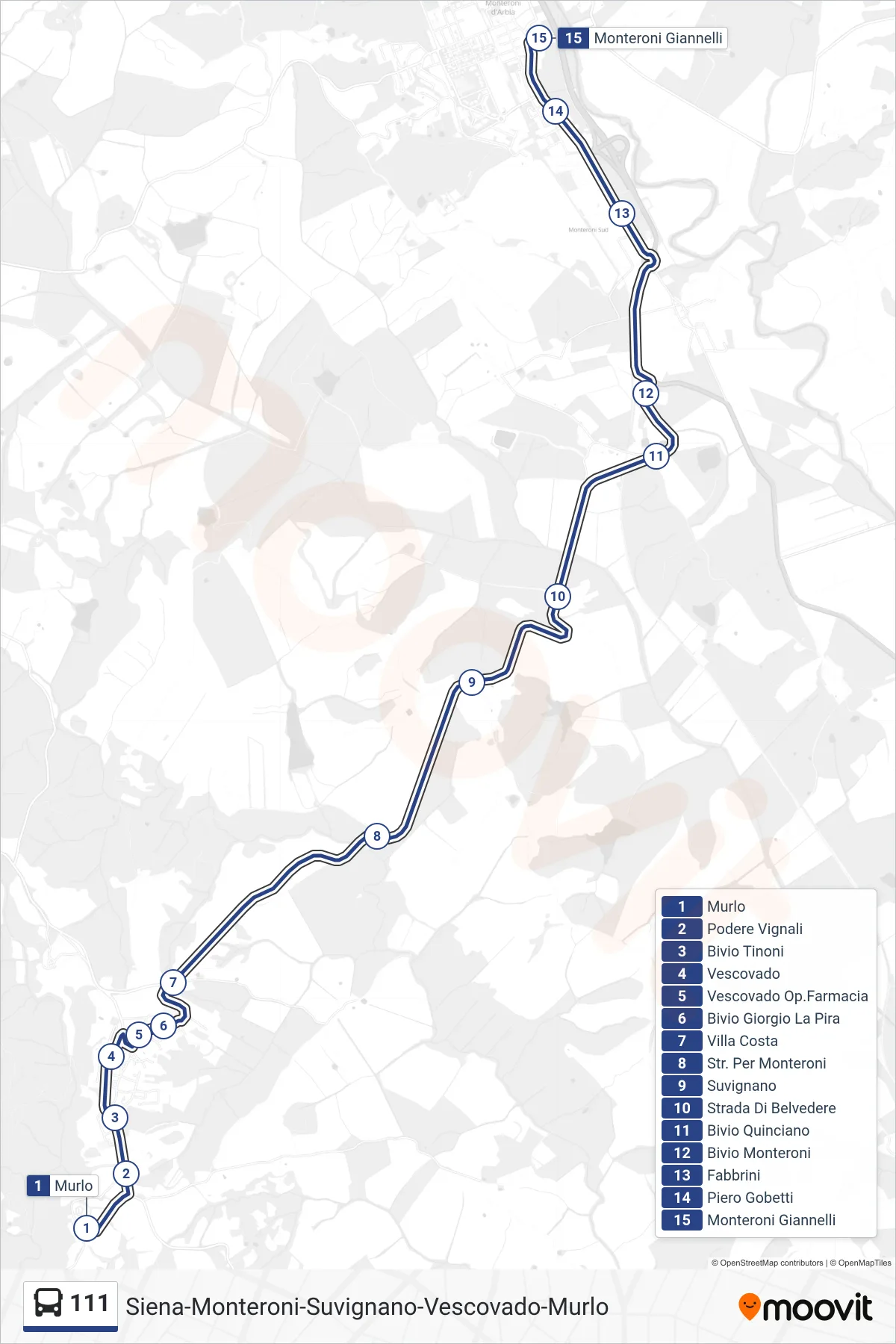 Linea 111 bus (Monteroni Giannelli) - Percorsi e fermate sulla mappa