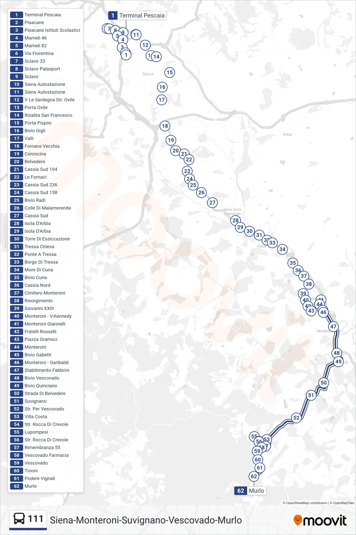 Linea 111 bus (Murlo) - Percorsi e fermate sulla mappa