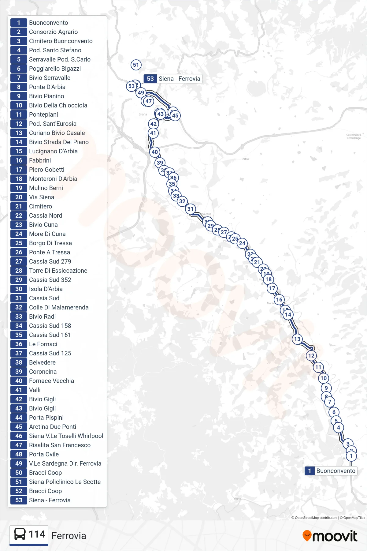 Linea 114 bus (Ferrovia) - Percorsi e fermate sulla mappa