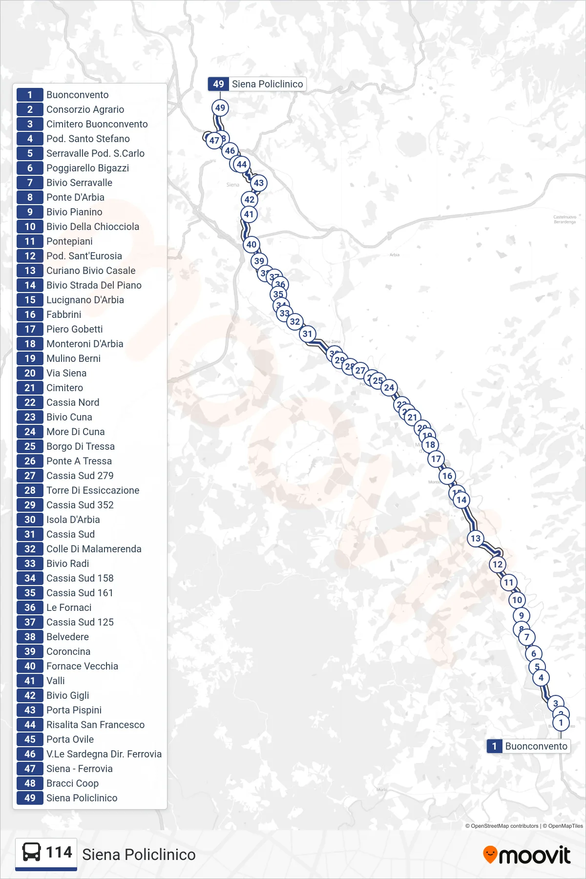 Linea 114  bus (Siena Policlinico) - Percorsi e fermate sulla mappa