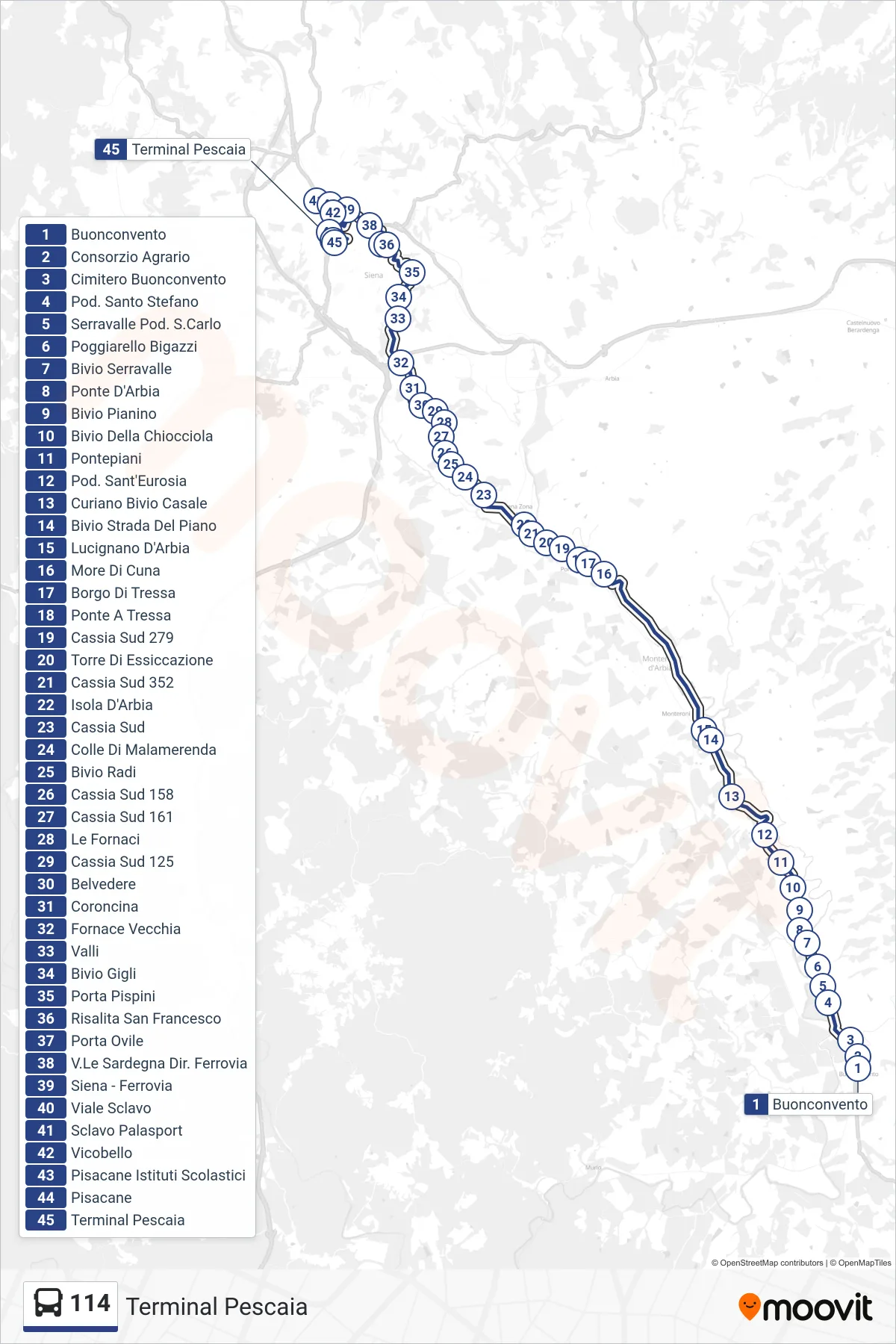 Linea 114 bus (Terminal Pescaia) - Percorsi e fermate sulla mappa