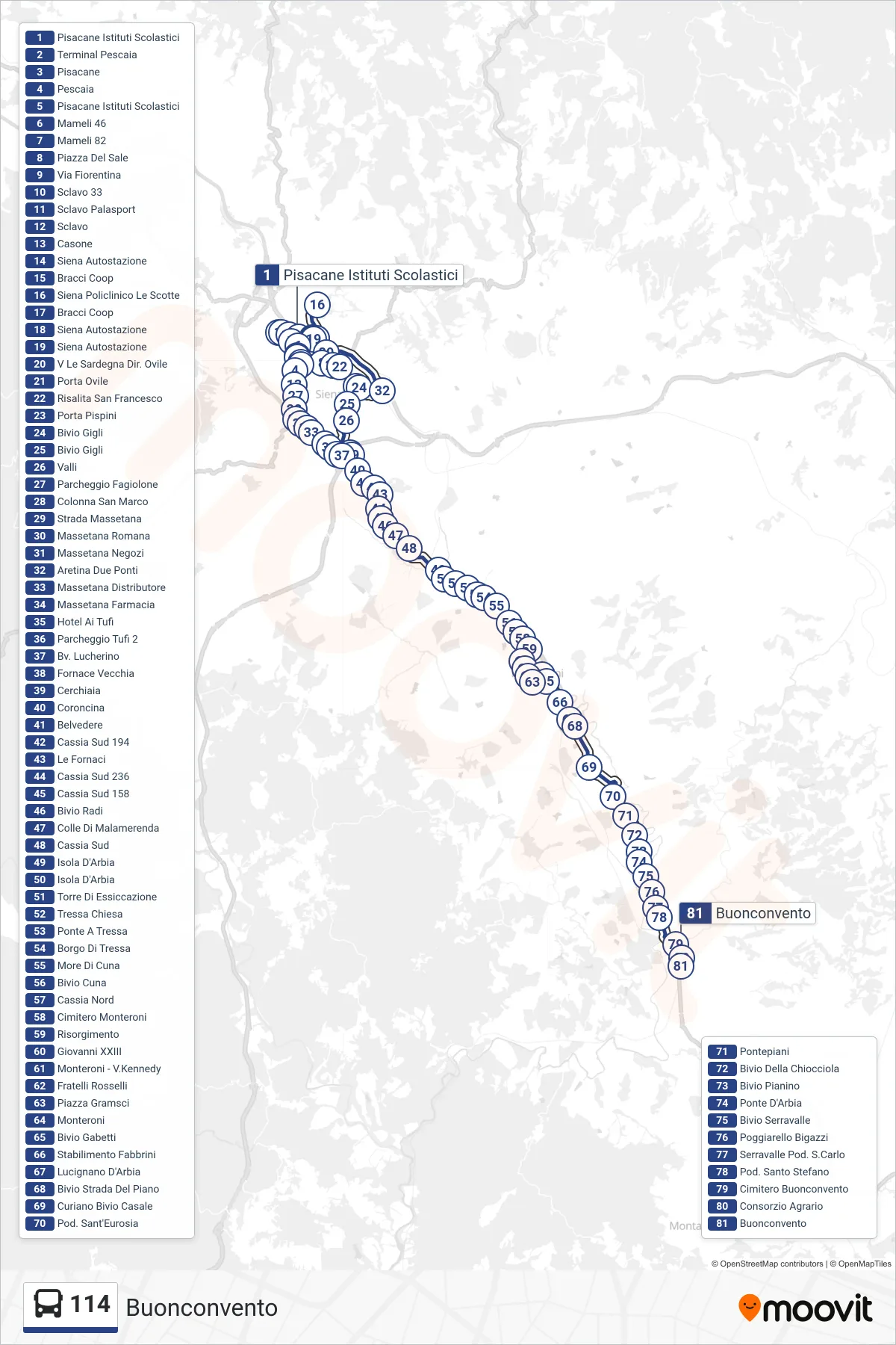 Linea 114  bus (Buonconvento) - Percorsi e fermate sulla mappa