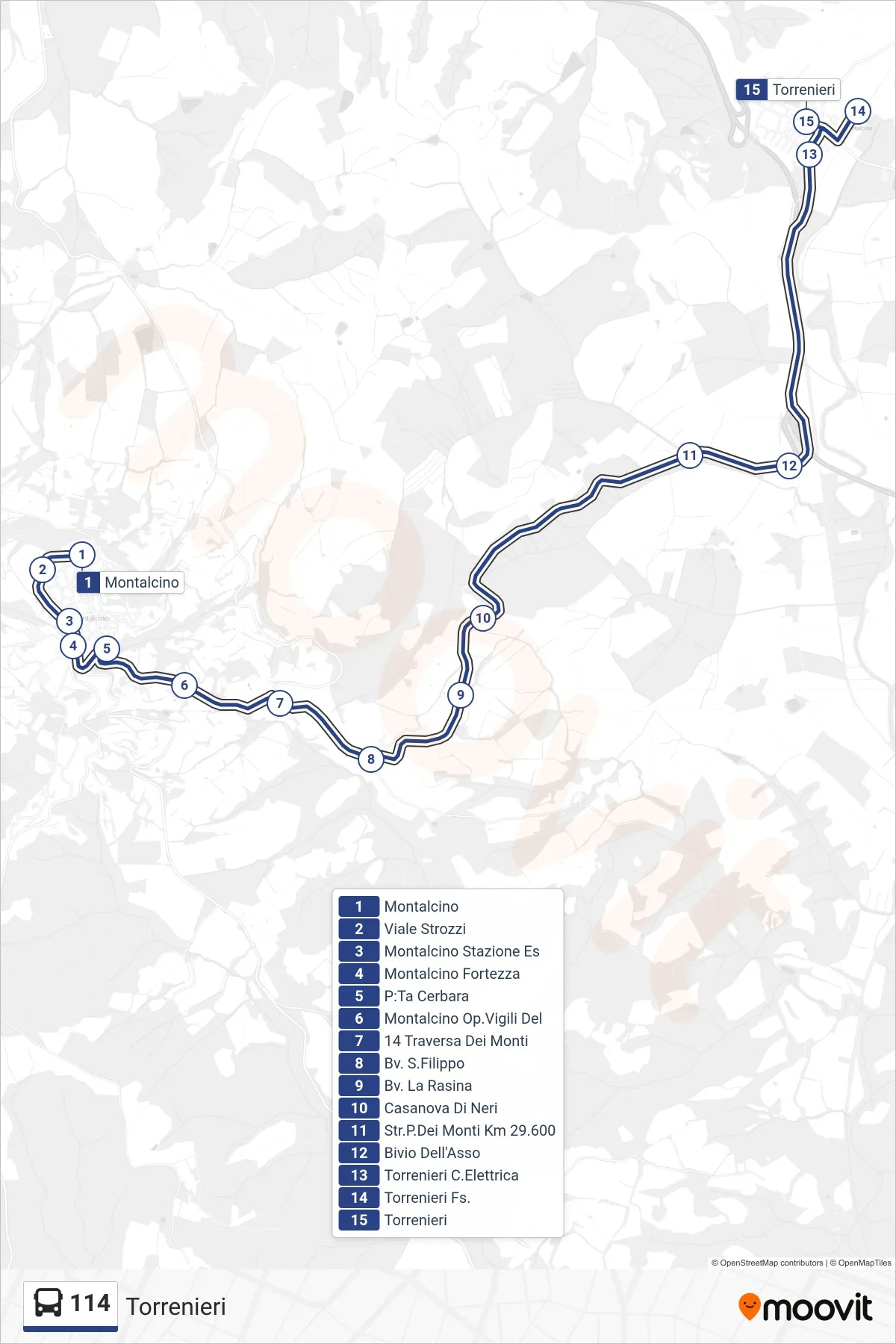 Linea 114  bus (Torrenieri) - Percorsi e fermate sulla mappa