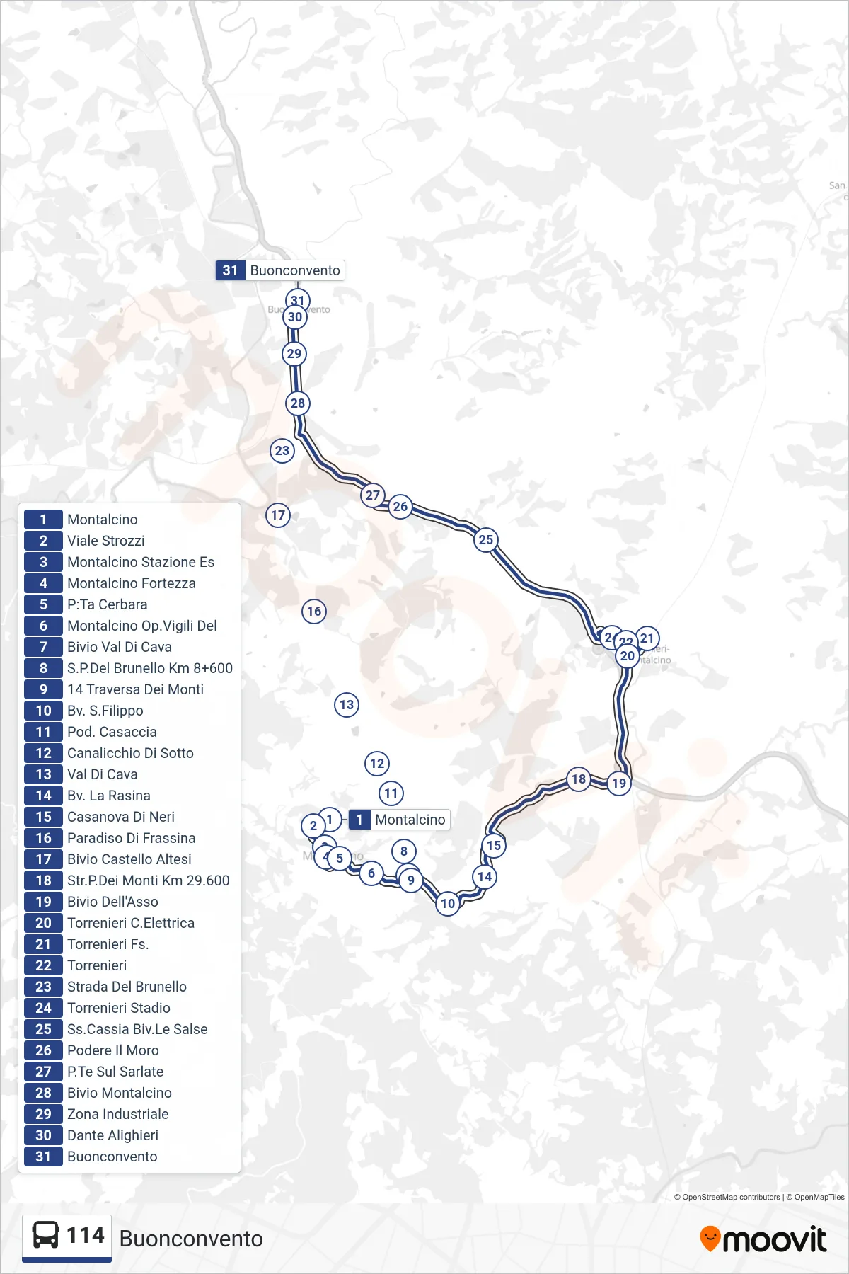 Linea 114 bus (Buonconvento) - Percorsi e fermate sulla mappa