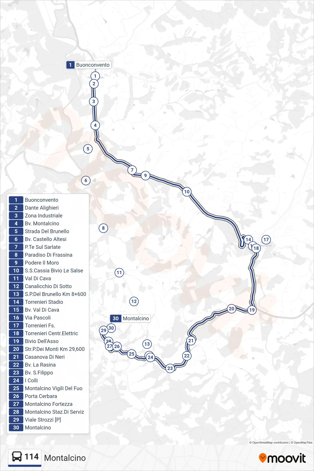 Linea 114  bus (Montalcino) - Percorsi e fermate sulla mappa