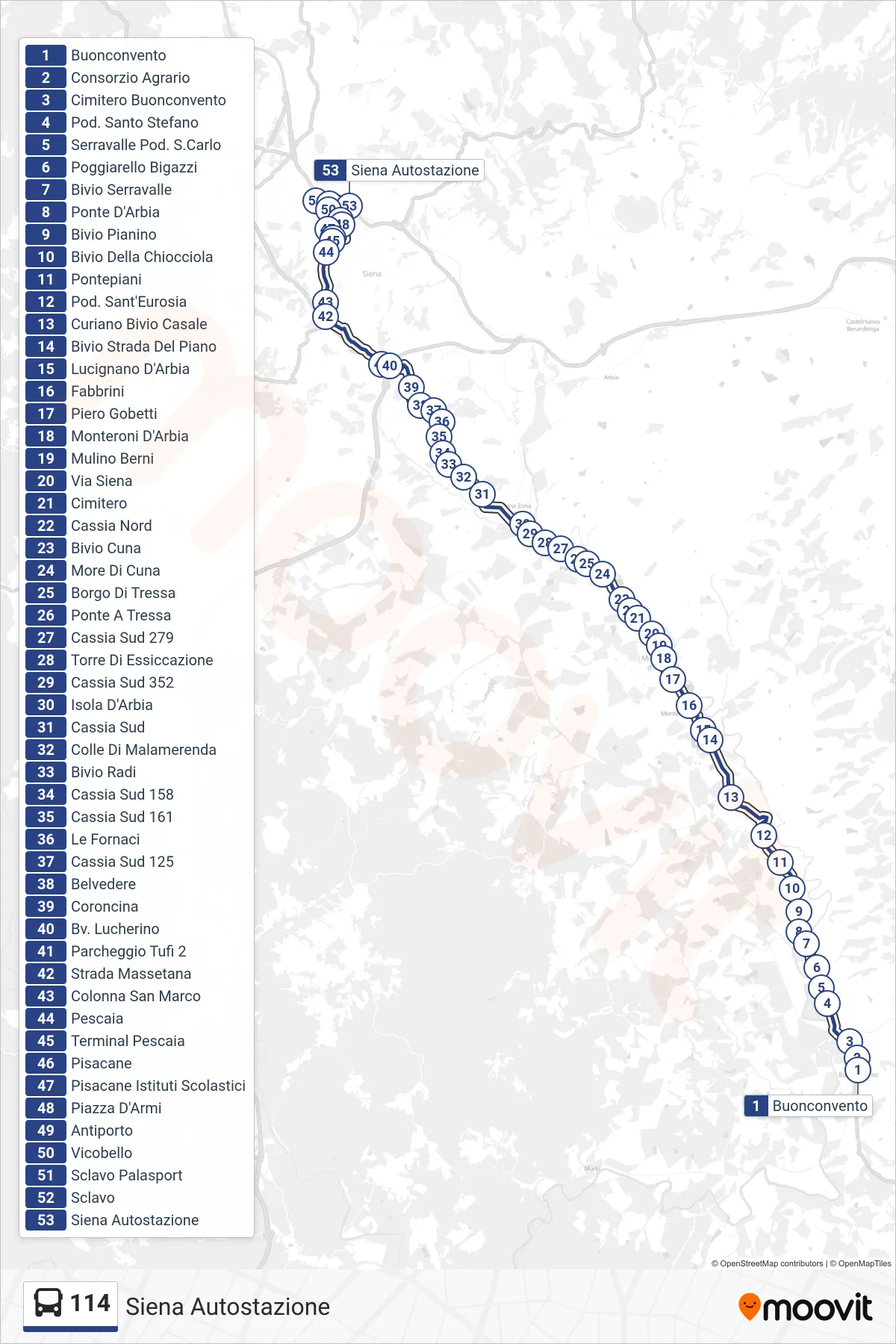 Linea 114  bus (Siena Autostazione) - Percorsi e fermate sulla mappa