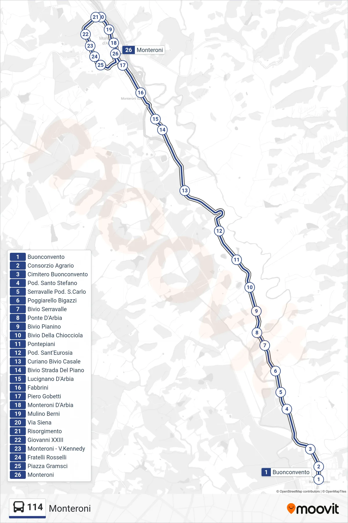 Linea 114 bus (Monteroni) - Percorsi e fermate sulla mappa