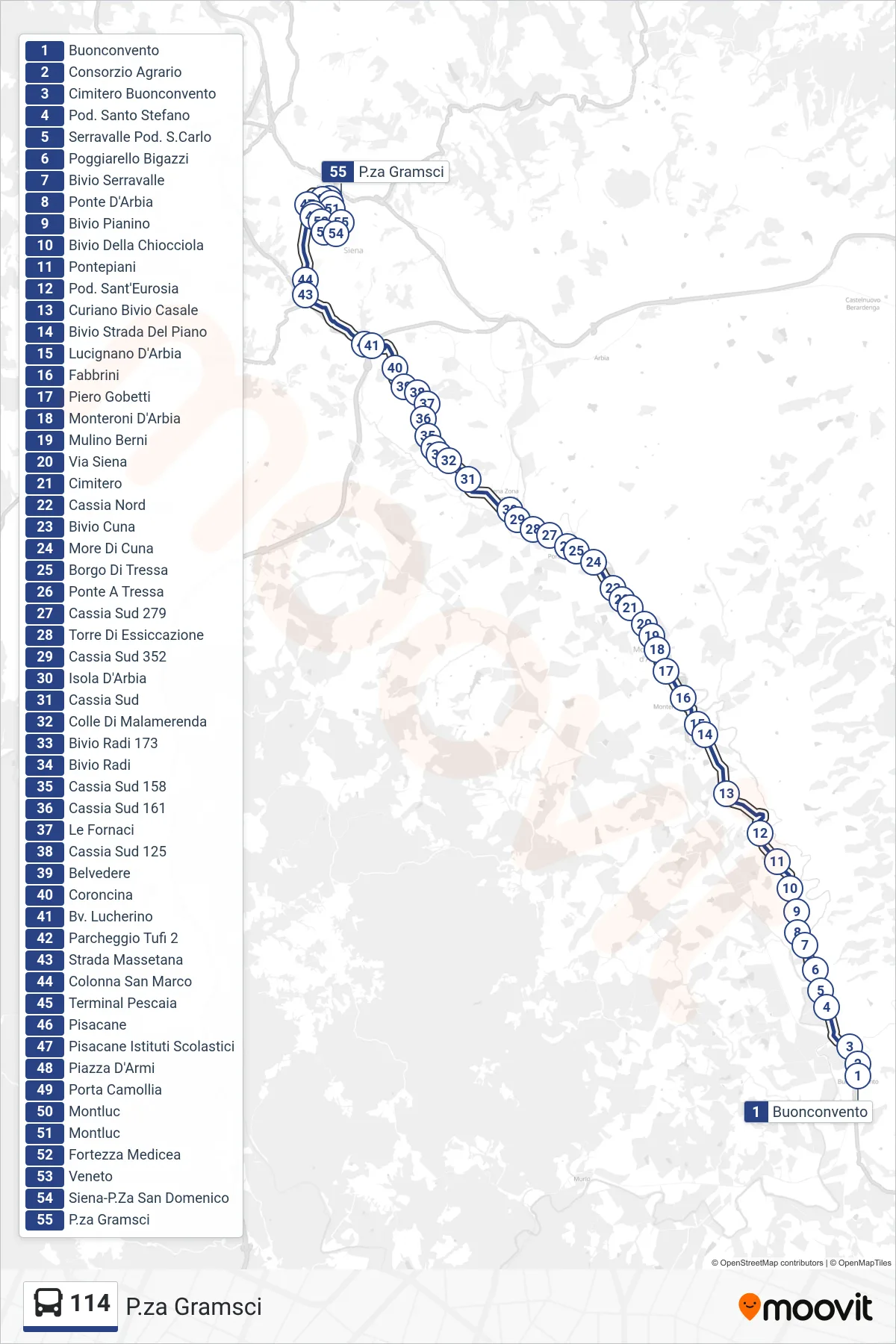 Linea 114 bus (P.za Gramsci) - Percorsi e fermate sulla mappa