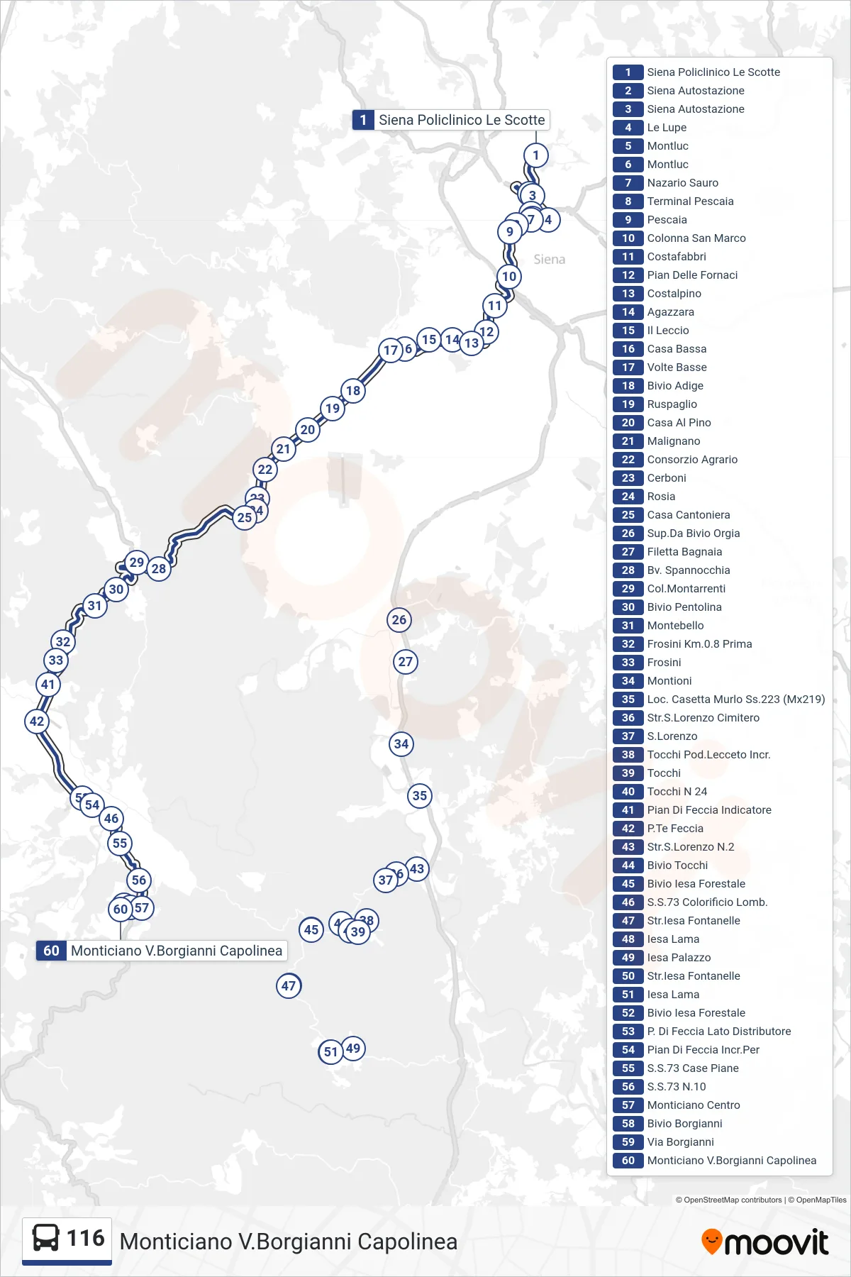 Linea 116 bus (Monticiano V.Borgianni Capolinea) - Percorsi e fermate sulla mappa