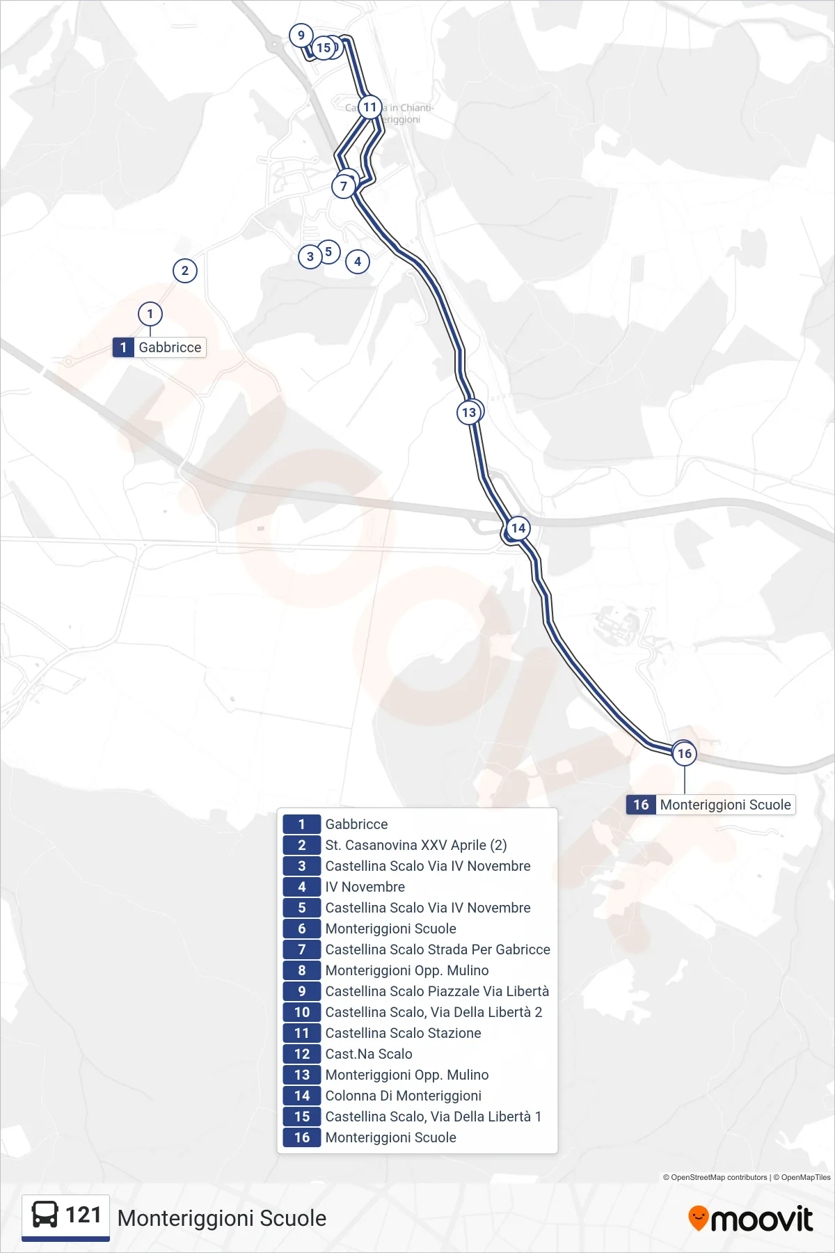 Linea 121 bus (Monteriggioni Scuole) - Percorsi e fermate sulla mappa