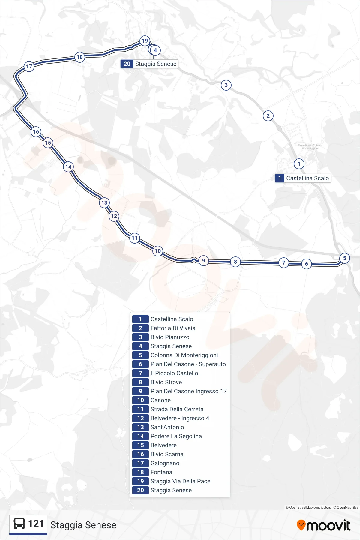 Linea 121 bus (Staggia Senese) - Percorsi e fermate sulla mappa