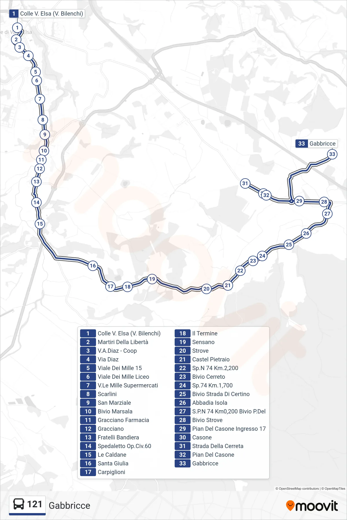 Linea 121 bus (Gabbricce) - Percorsi e fermate sulla mappa