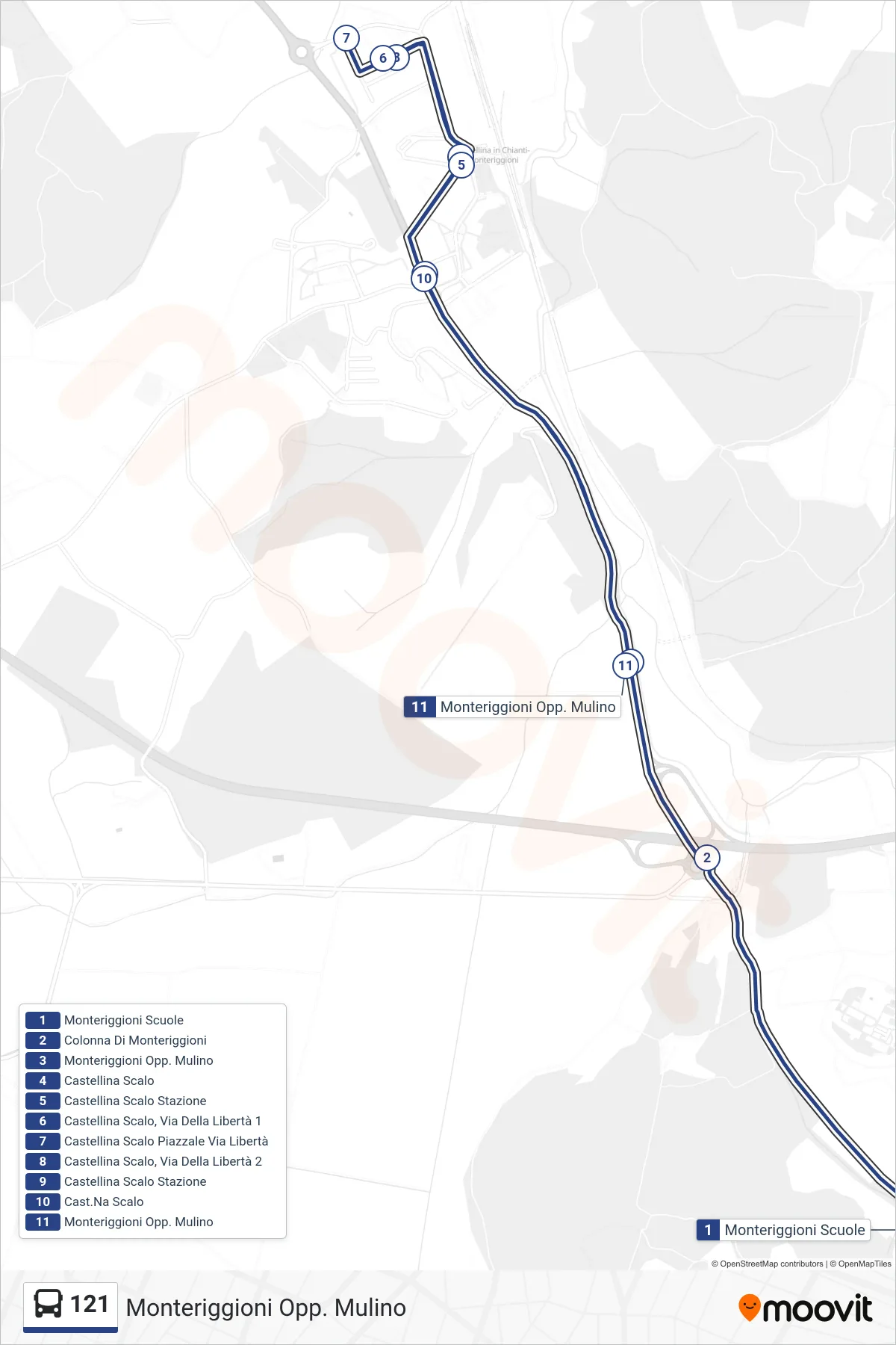 Linea 121 bus (Monteriggioni Opp. Mulino) - Percorsi e fermate sulla mappa