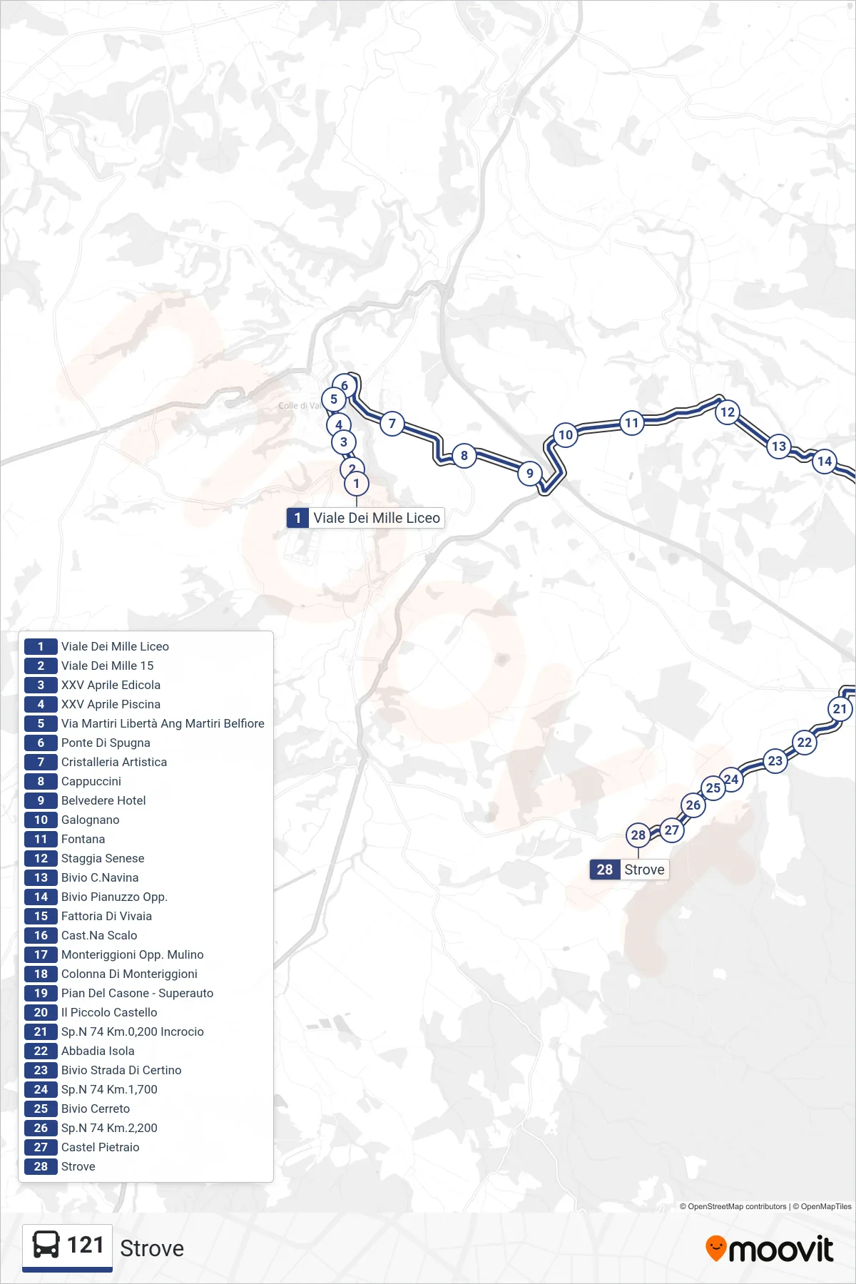 Linea 121 bus (Strove) - Percorsi e fermate sulla mappa