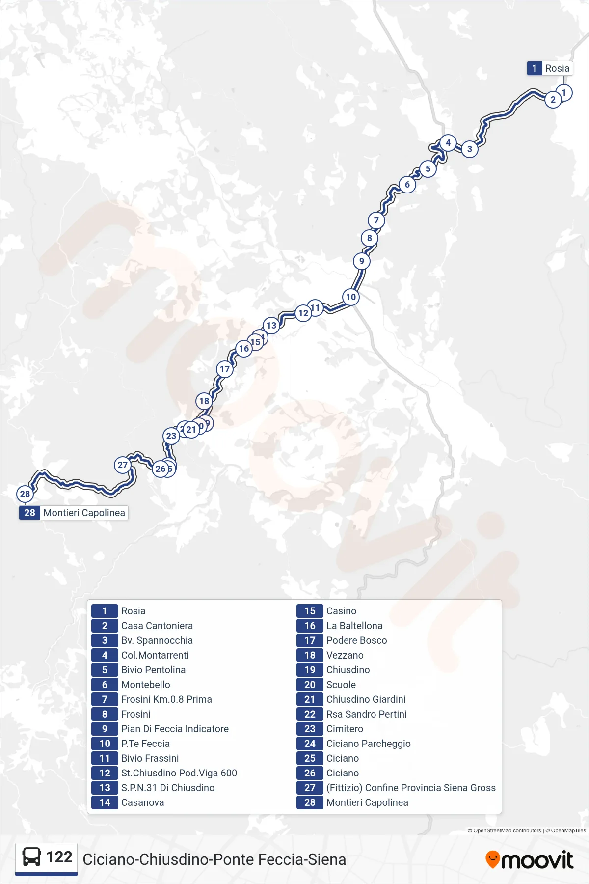 Linea 122  bus (Montieri Capolinea) - Percorsi e fermate sulla mappa
