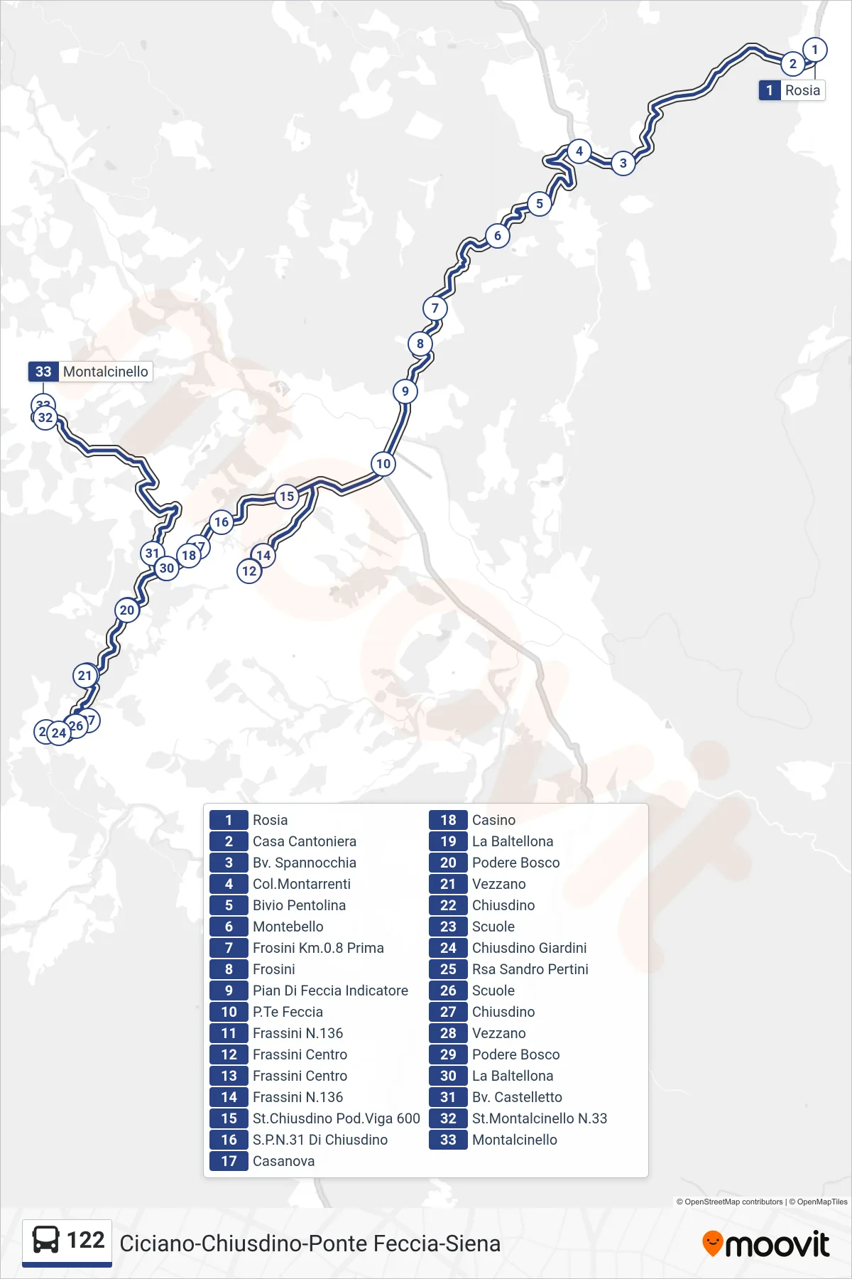 Linea 122 bus (Montalcinello) - Percorsi e fermate sulla mappa