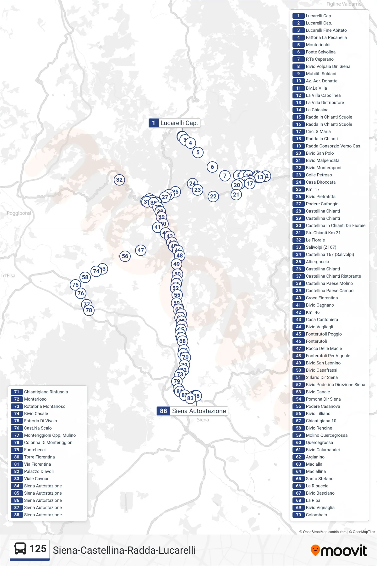 Linea 125 bus (Siena Autostazione) - Percorsi e fermate sulla mappa