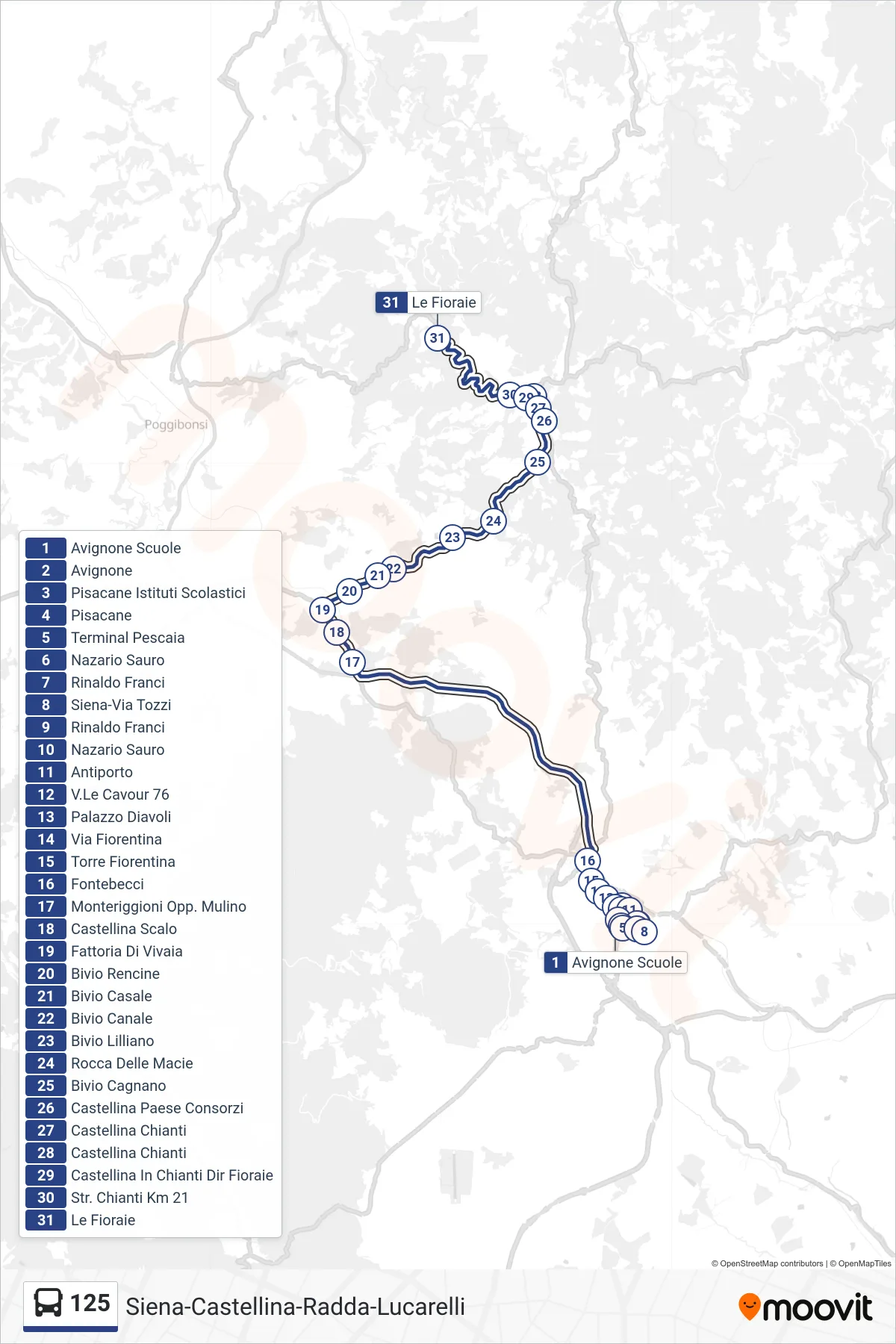 Linea 125 bus (Le Fioraie) - Percorsi e fermate sulla mappa