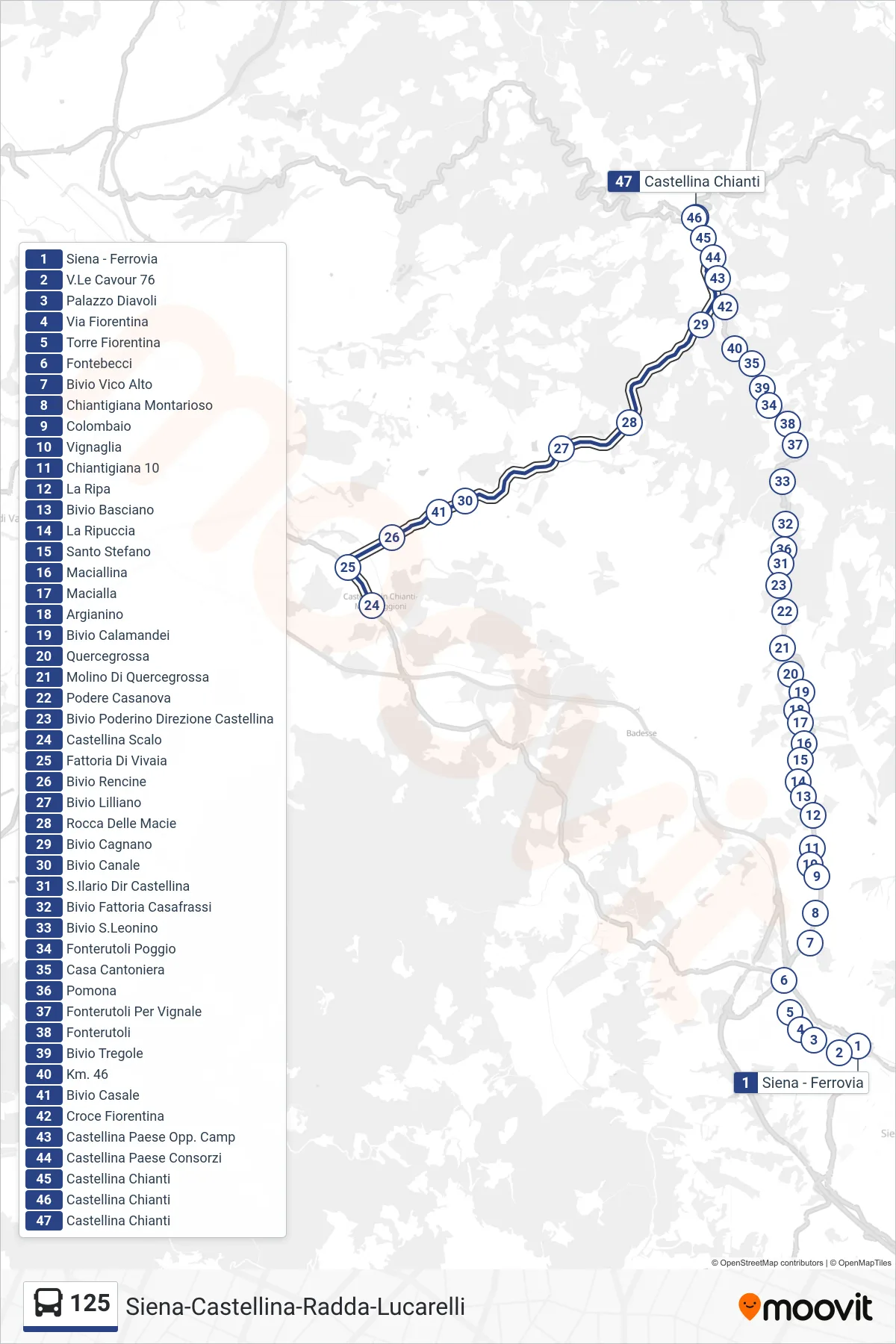 Linea 125 bus (Castellina Chianti) - Percorsi e fermate sulla mappa