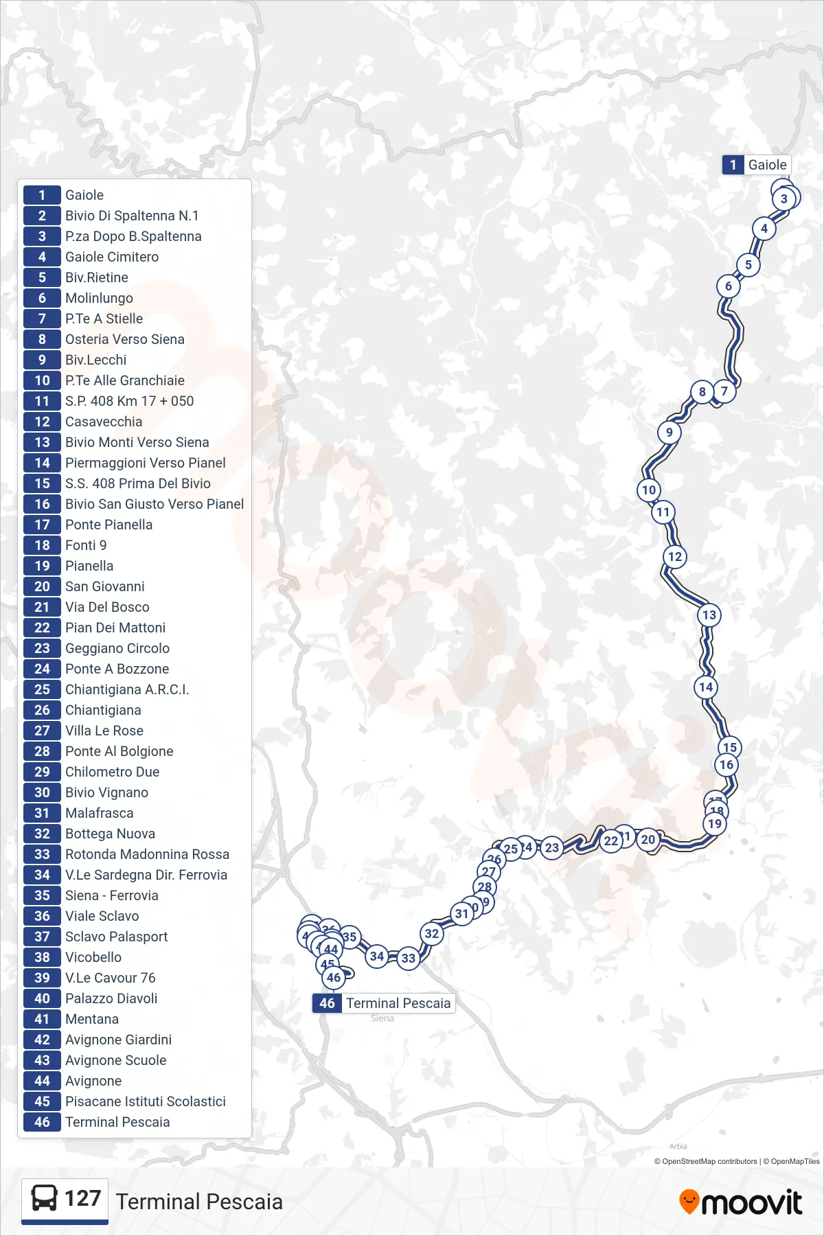 Linea 127  bus (Terminal Pescaia) - Percorsi e fermate sulla mappa