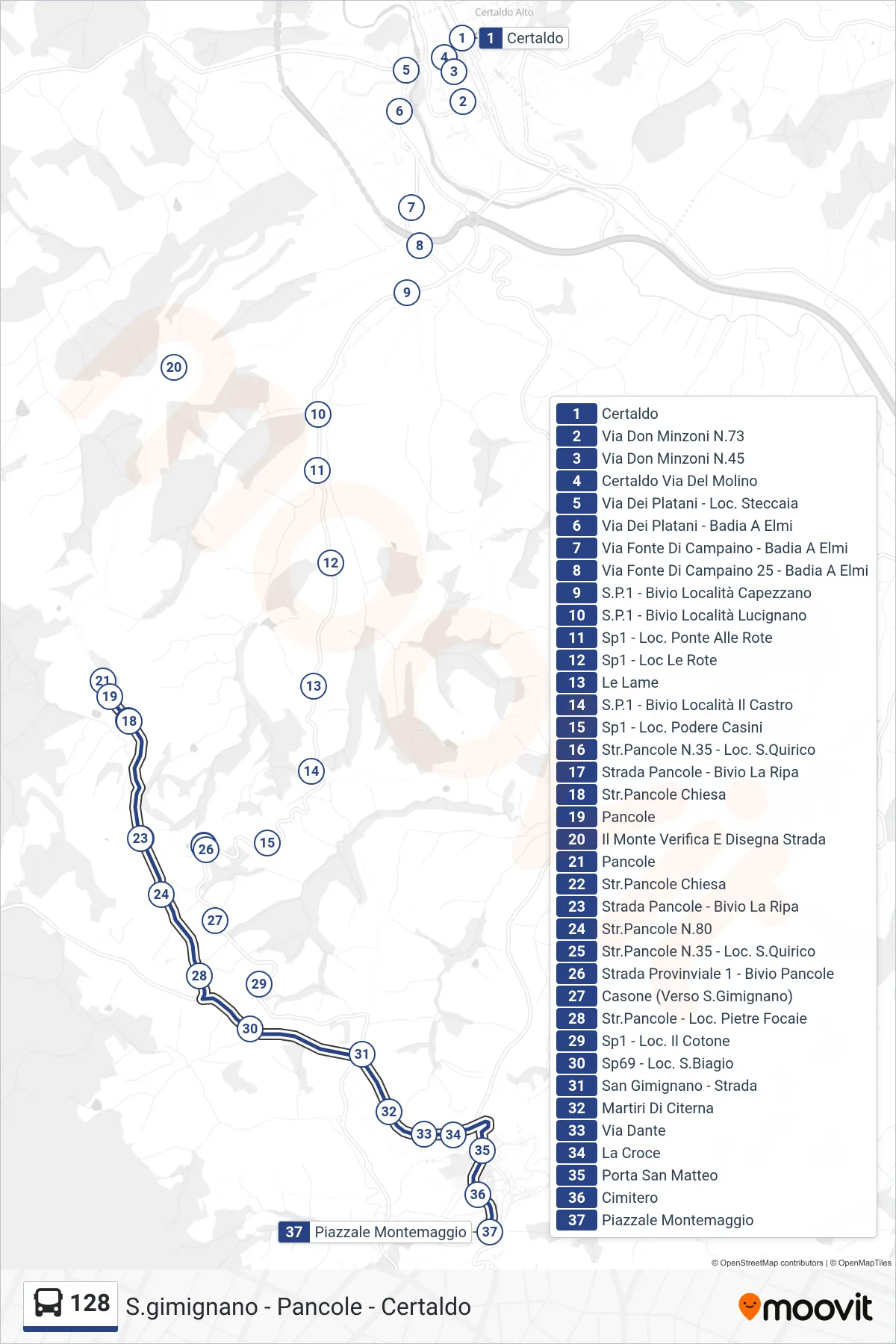 Linea 128  bus (Piazzale Montemaggio) - Percorsi e fermate sulla mappa