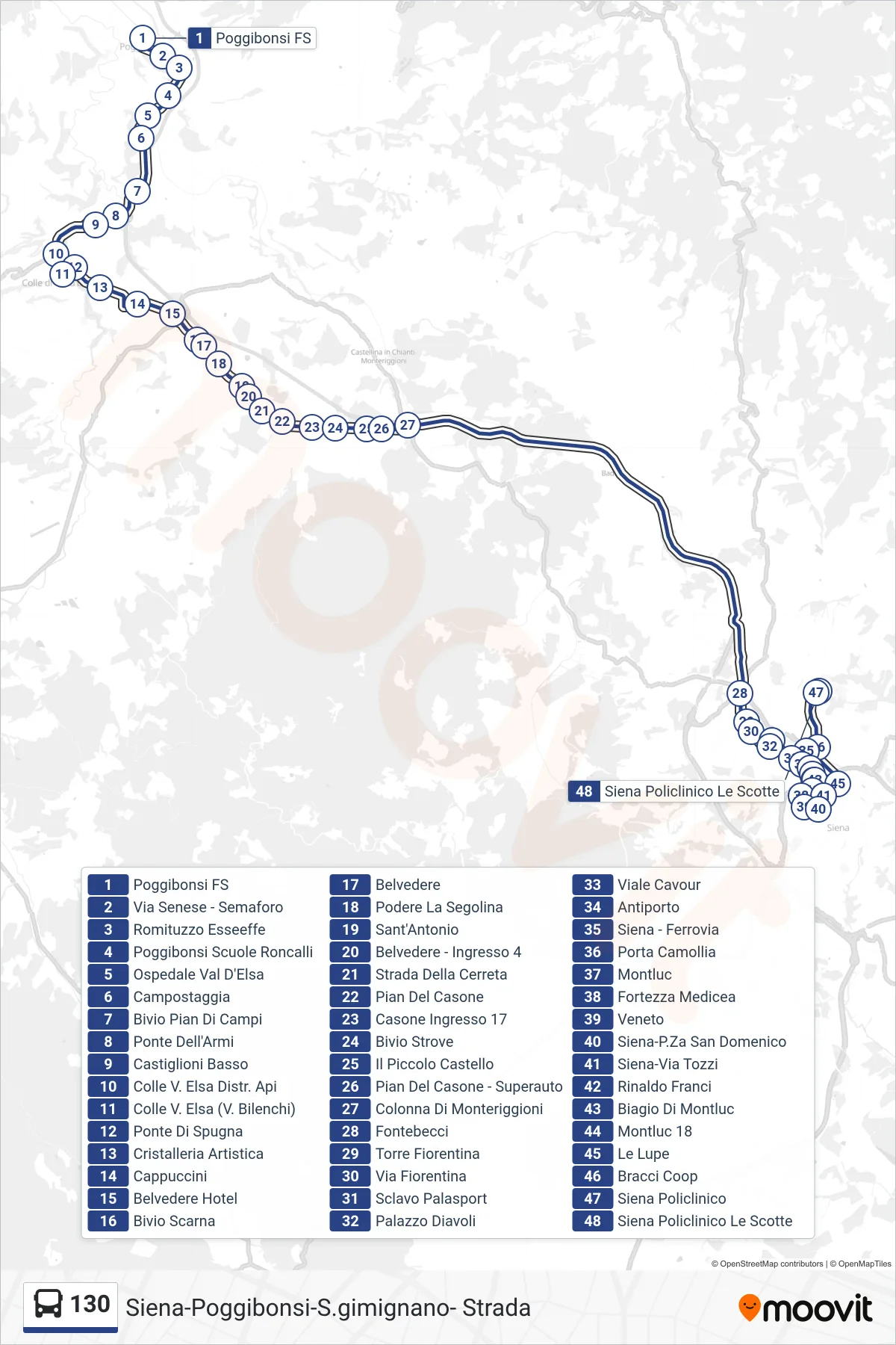 Linea 130  bus (Siena Policlinico) - Percorsi e fermate sulla mappa