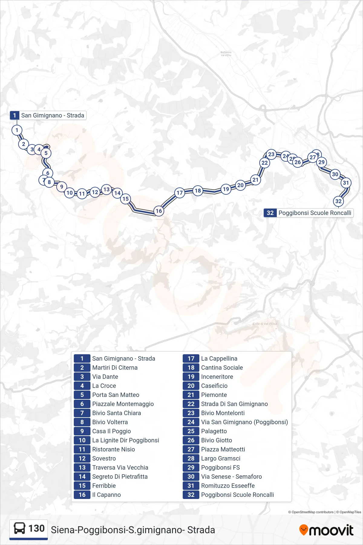 Linea 130 bus (Poggibonsi Scuole Roncalli) - Percorsi e fermate sulla mappa