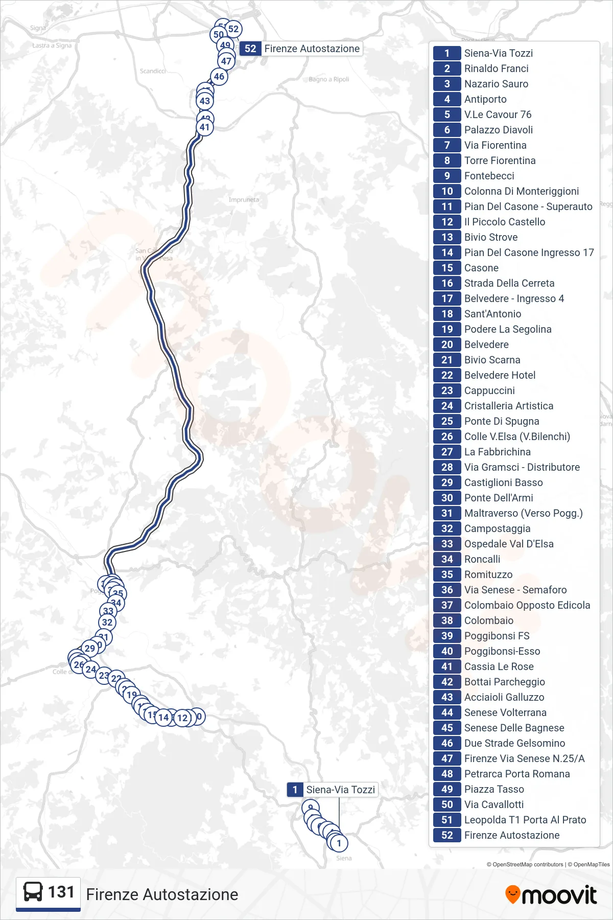Linea 131  bus (Firenze Autostazione) - Percorsi e fermate sulla mappa