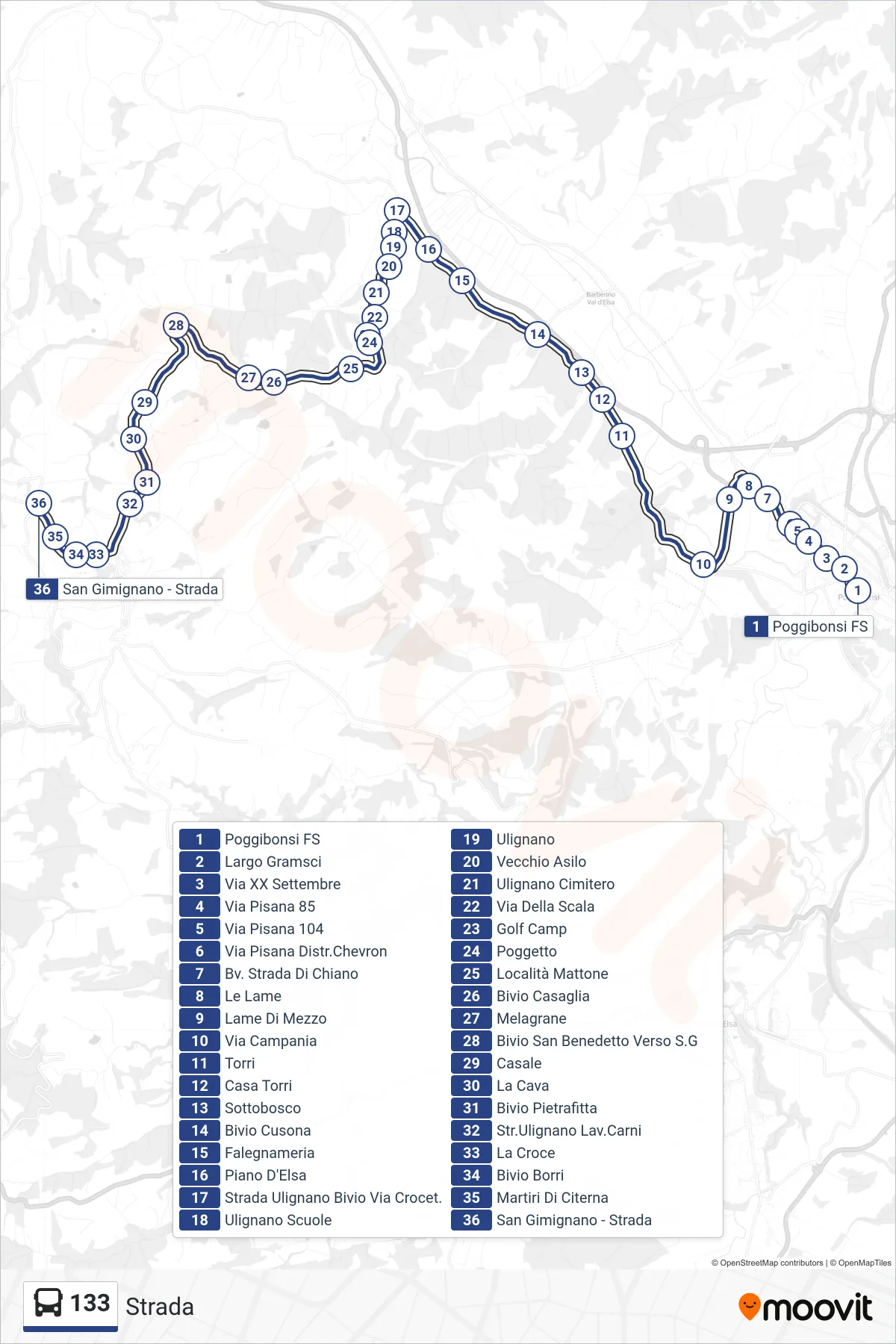 Linea 133 bus (Strada) - Percorsi e fermate sulla mappa