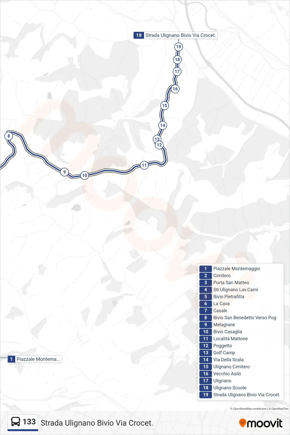 Linea 133 bus (Strada Ulignano Bivio Via Crocet.) - Percorsi e fermate sulla mappa