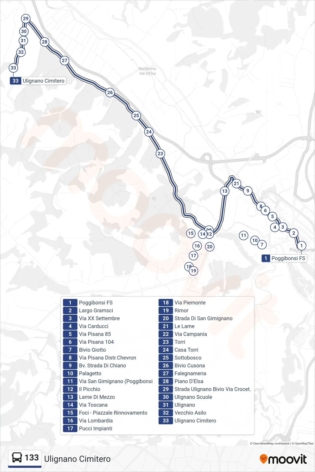 Linea 133 bus (Ulignano Cimitero) - Percorsi e fermate sulla mappa