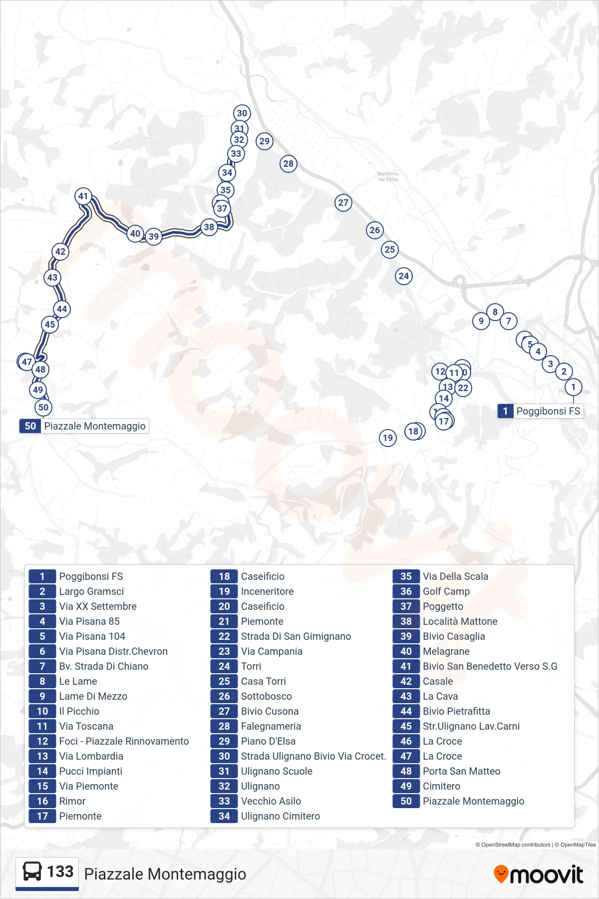 Linea 133 bus (Piazzale Montemaggio) - Percorsi e fermate sulla mappa