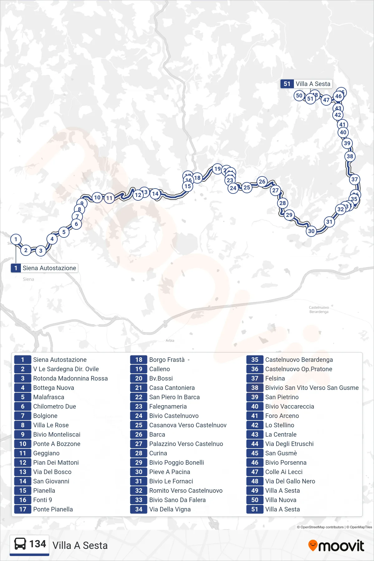 Linea 134 bus (Villa A Sesta) - Percorsi e fermate sulla mappa