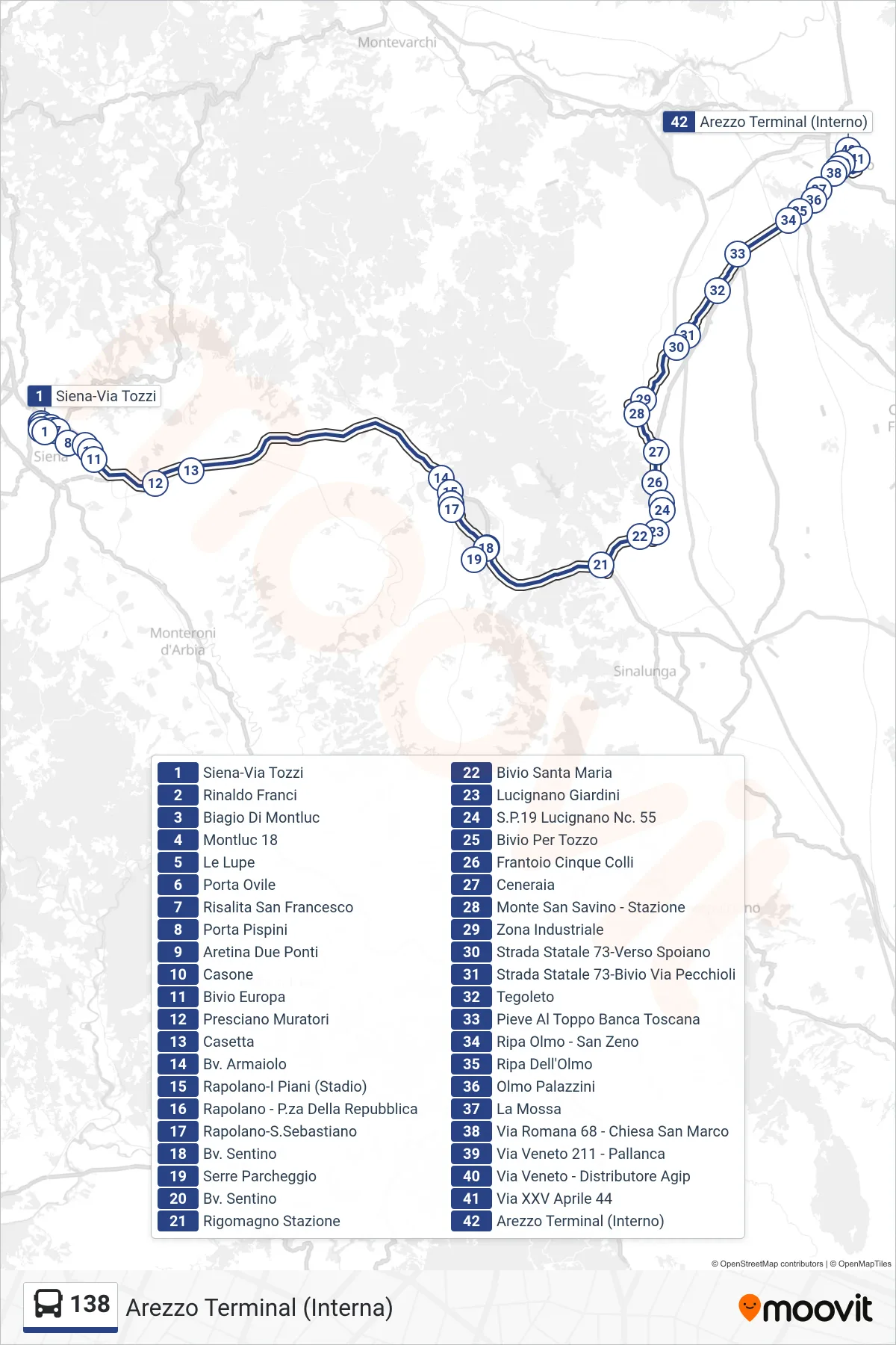 Linea 138  bus (Arezzo Terminal (Interna)) - Percorsi e fermate sulla mappa